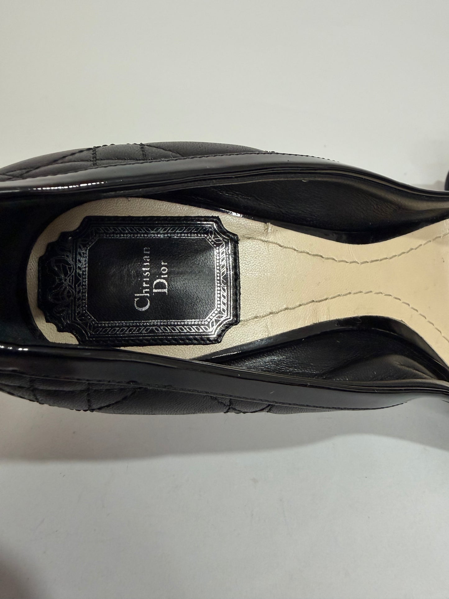 Dior Black Quilted Cannage Leather And Patent Bow Detail Peep Toe Pumps Size 38EU/ 8 US / 5UK