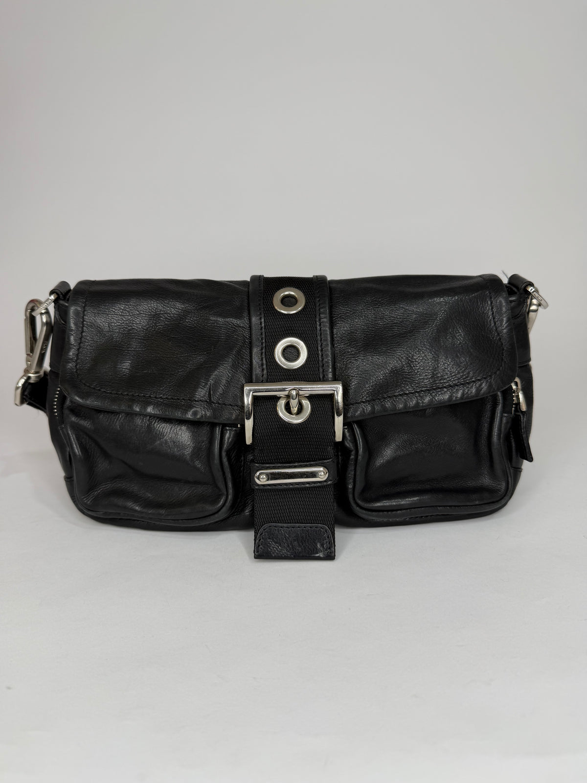 Prada Black Nylon and Leather Buckle Flap Baguette Bag