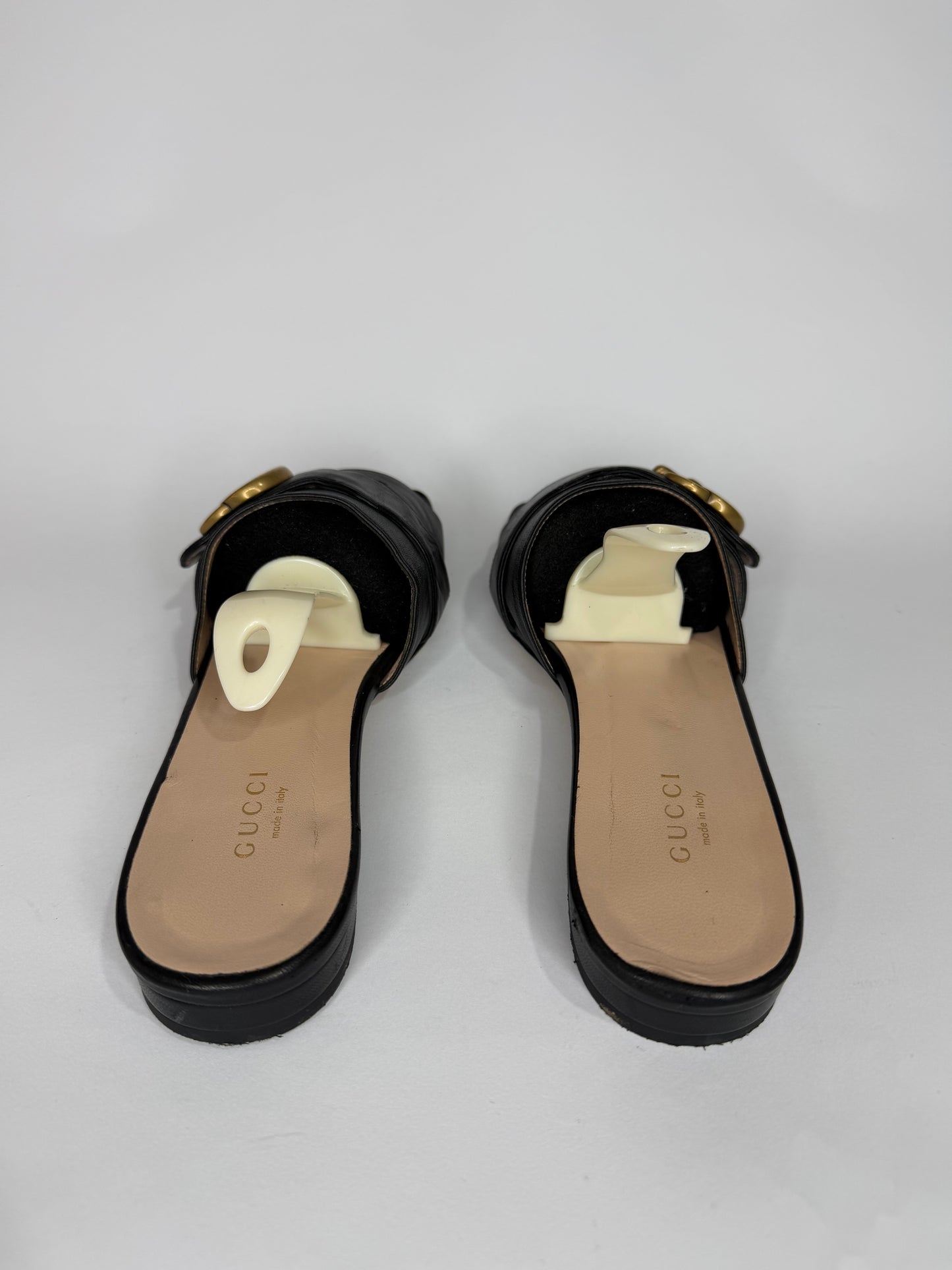 Gucci Black Leather GG Malaga Kid Flat Mules Size 37.5 EU/ 7.5 US