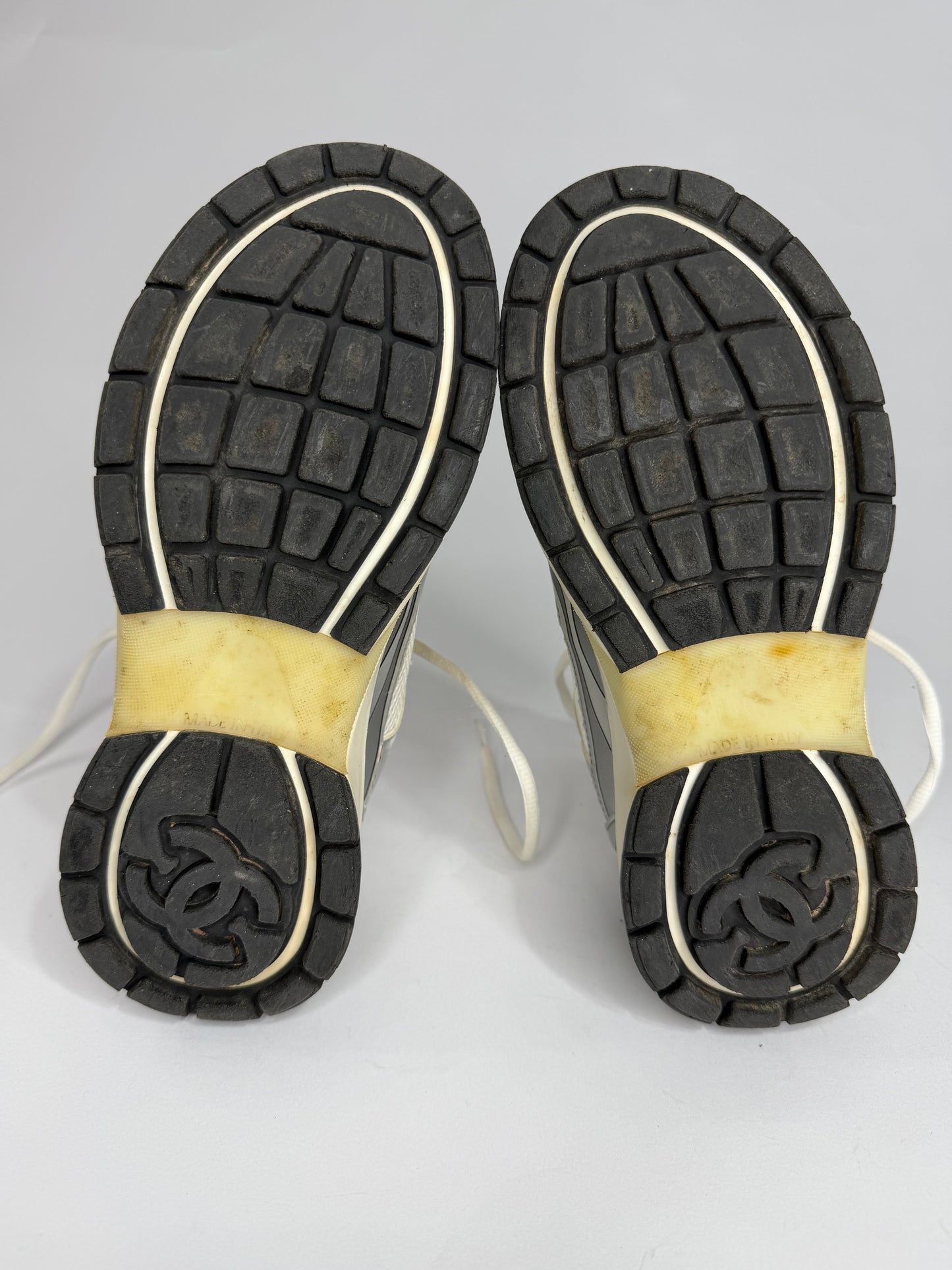 Chanel CC  Silver/White Leather and Mesh Low Top Sneakers