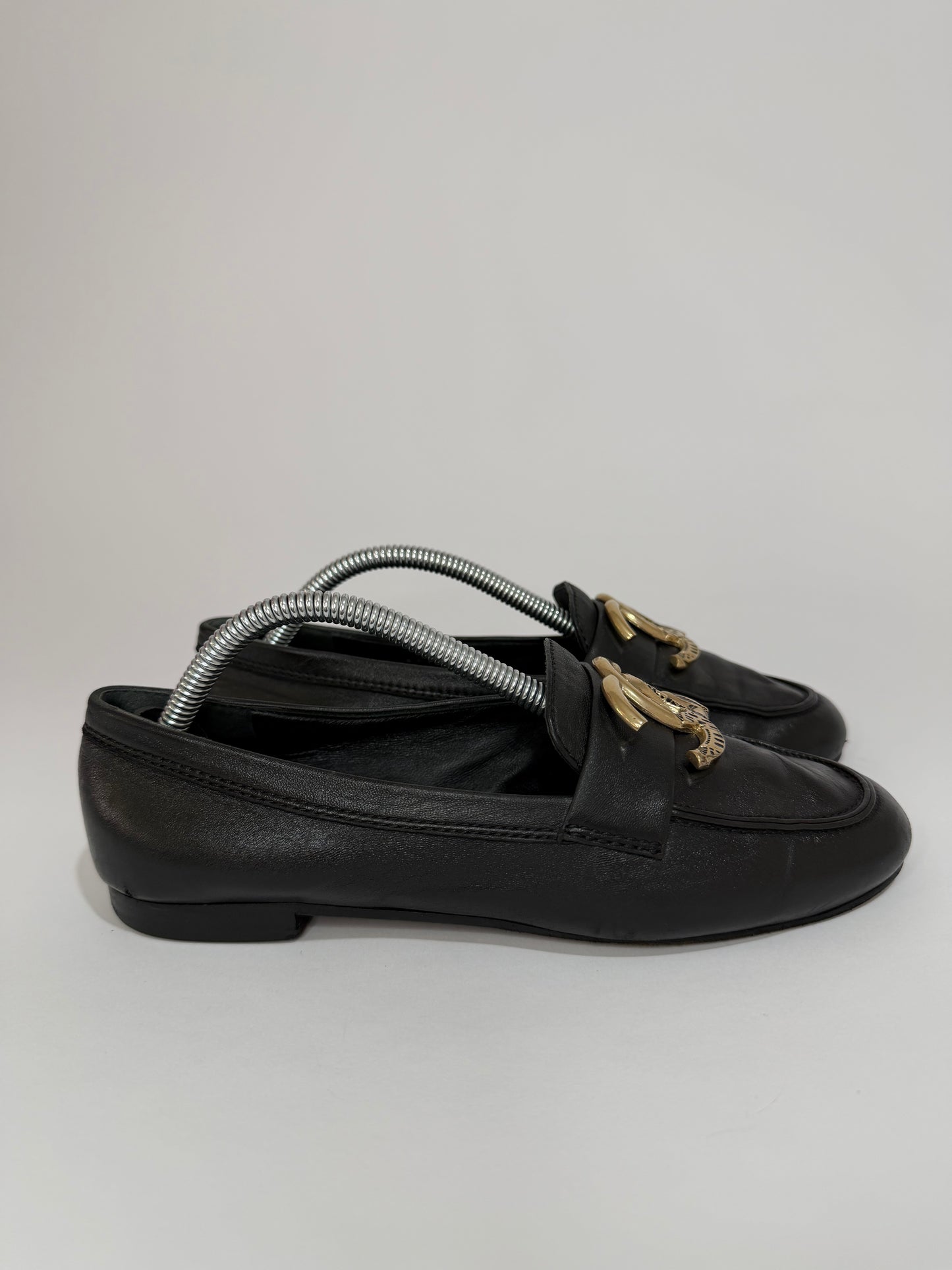 Chanel Black Leather Metal CC Slip On Loafers Size 35.5EU/5.5 US