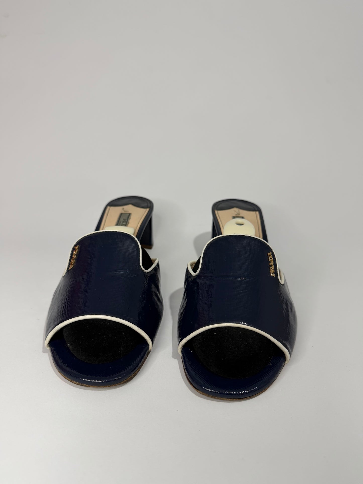Prada Navy Blue Vernice Saffiano Leather Slide Sandals Size 40.5EU/ 10.5 US/ 7.5 UK