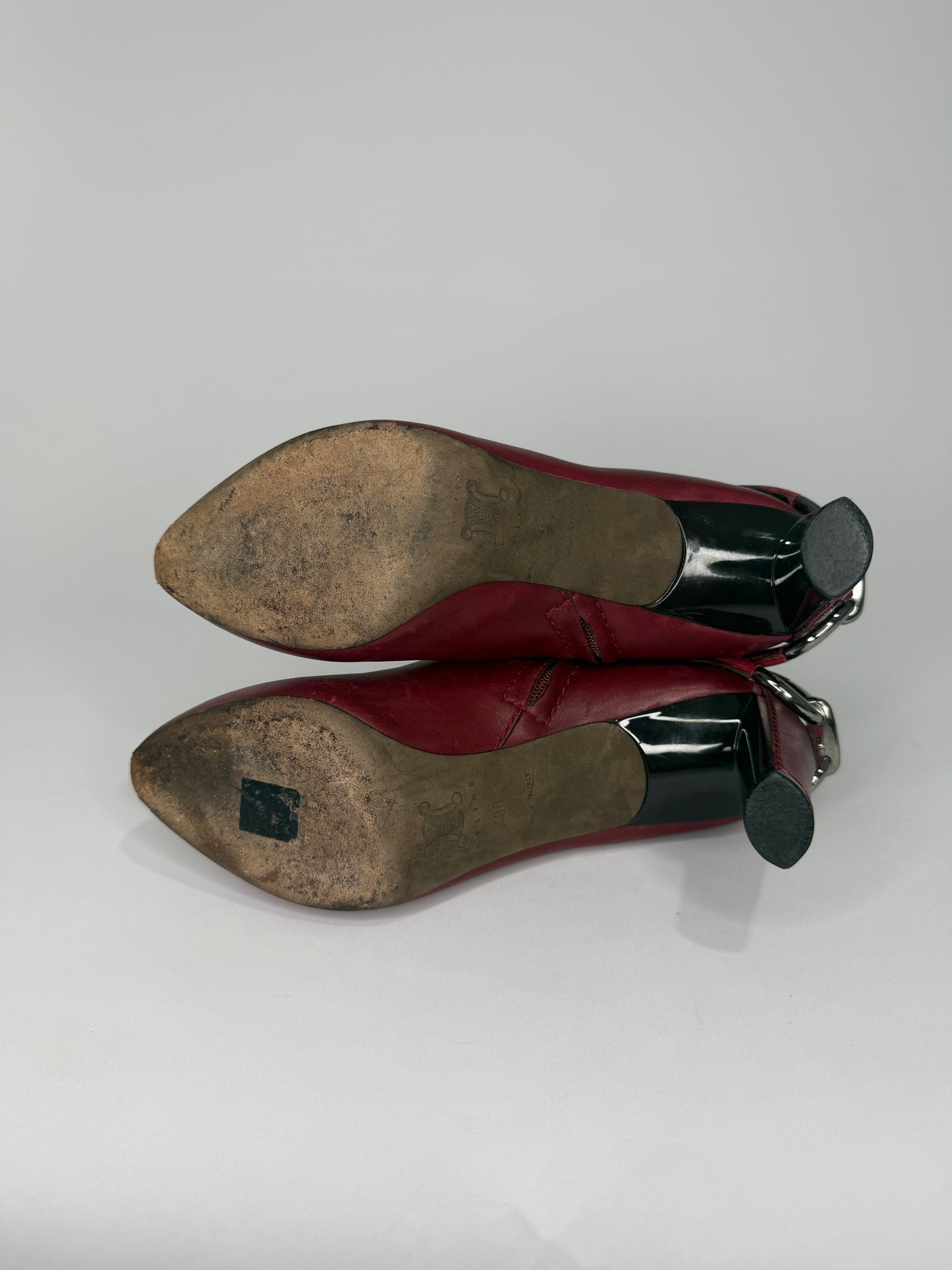 Celine Burgundy Leather Buckle Ankle Boots  Silver Hardware Size 38 EU/ 8 US / 5 UK