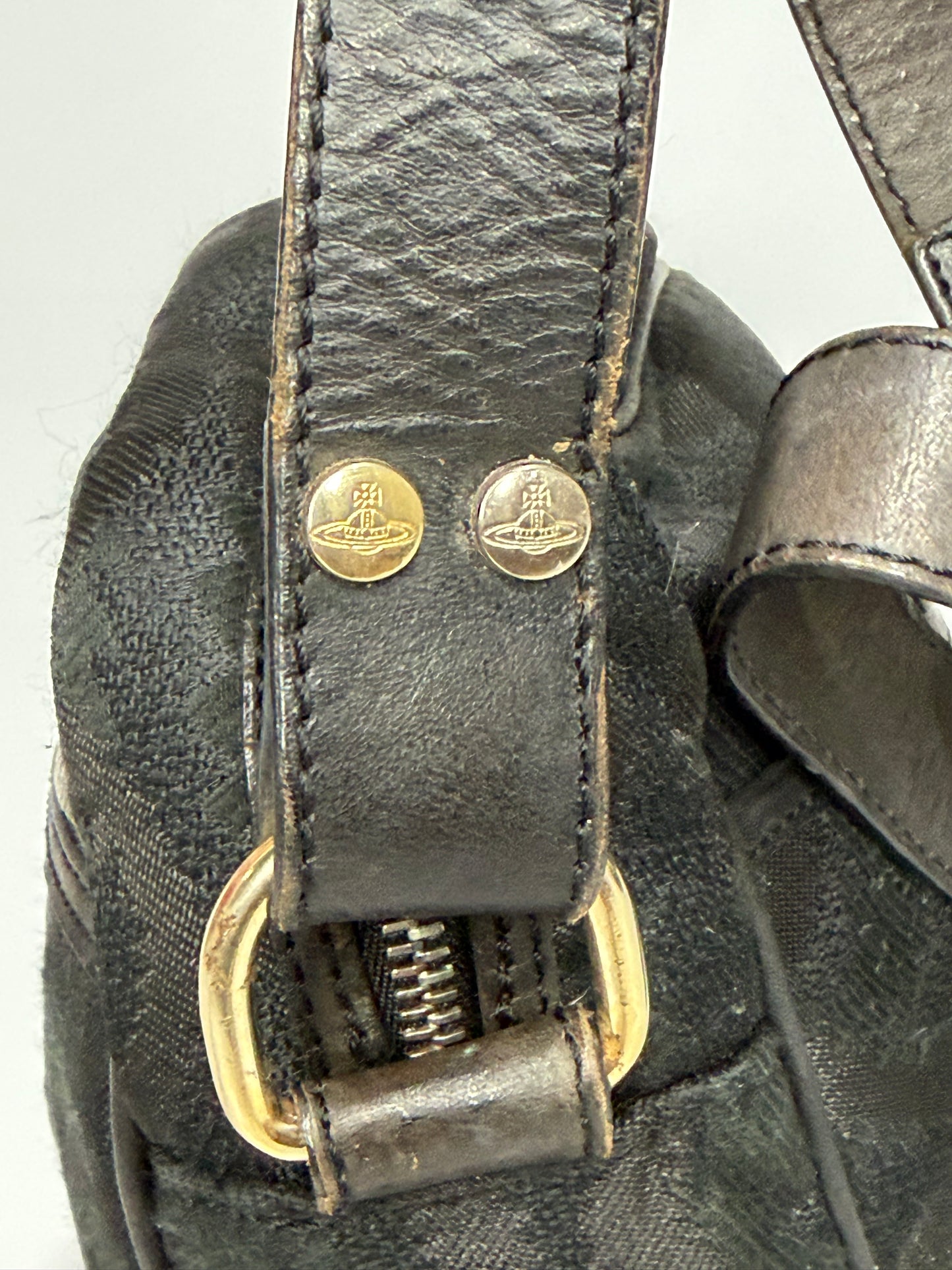 Vivienne Westwood Orb Jacquard Mini Crossbody Bag – Black Canvas & Leather Trim