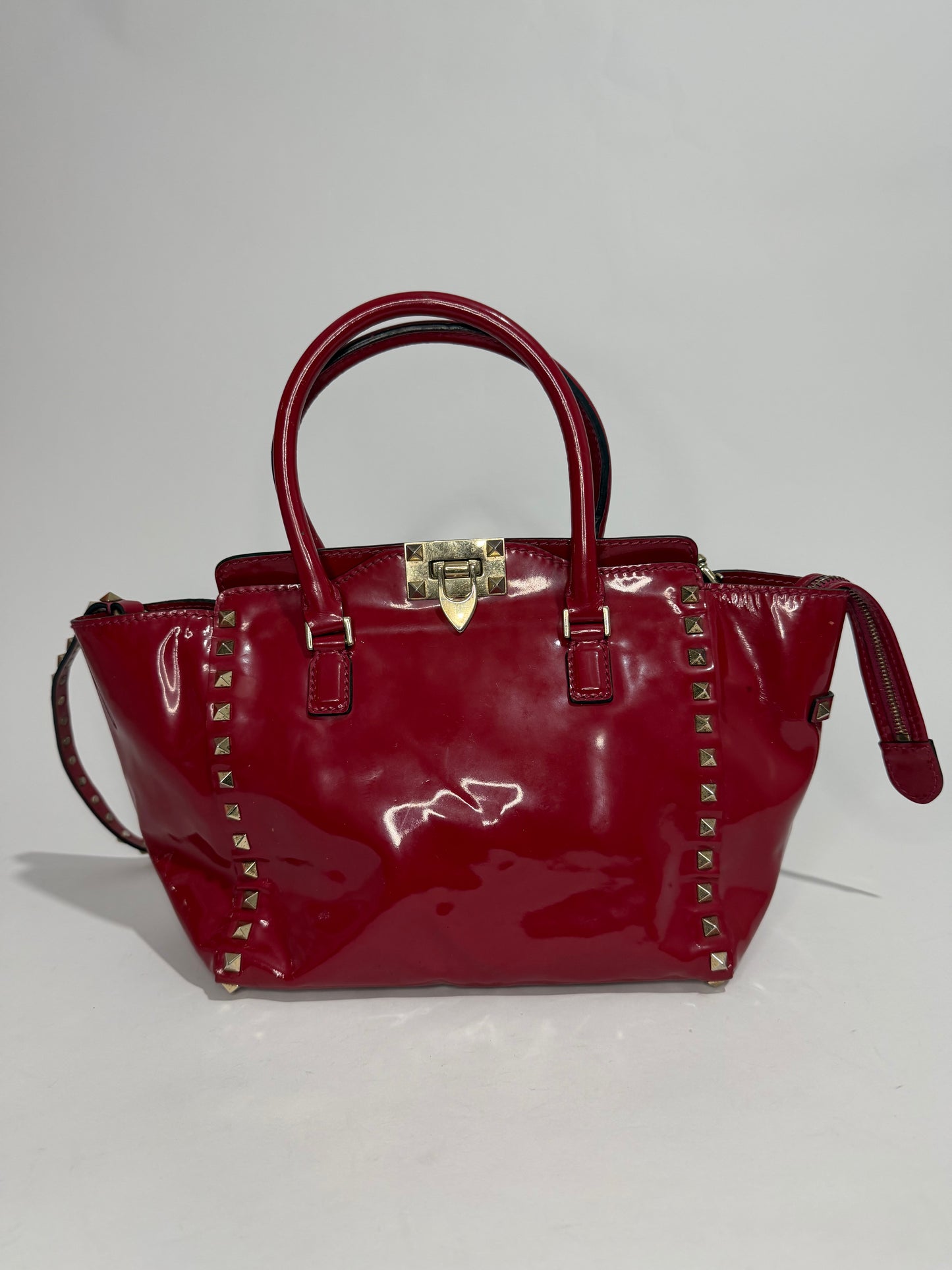 Valentino Red Patent Leather Small Rockstud Shopper Tote Bag