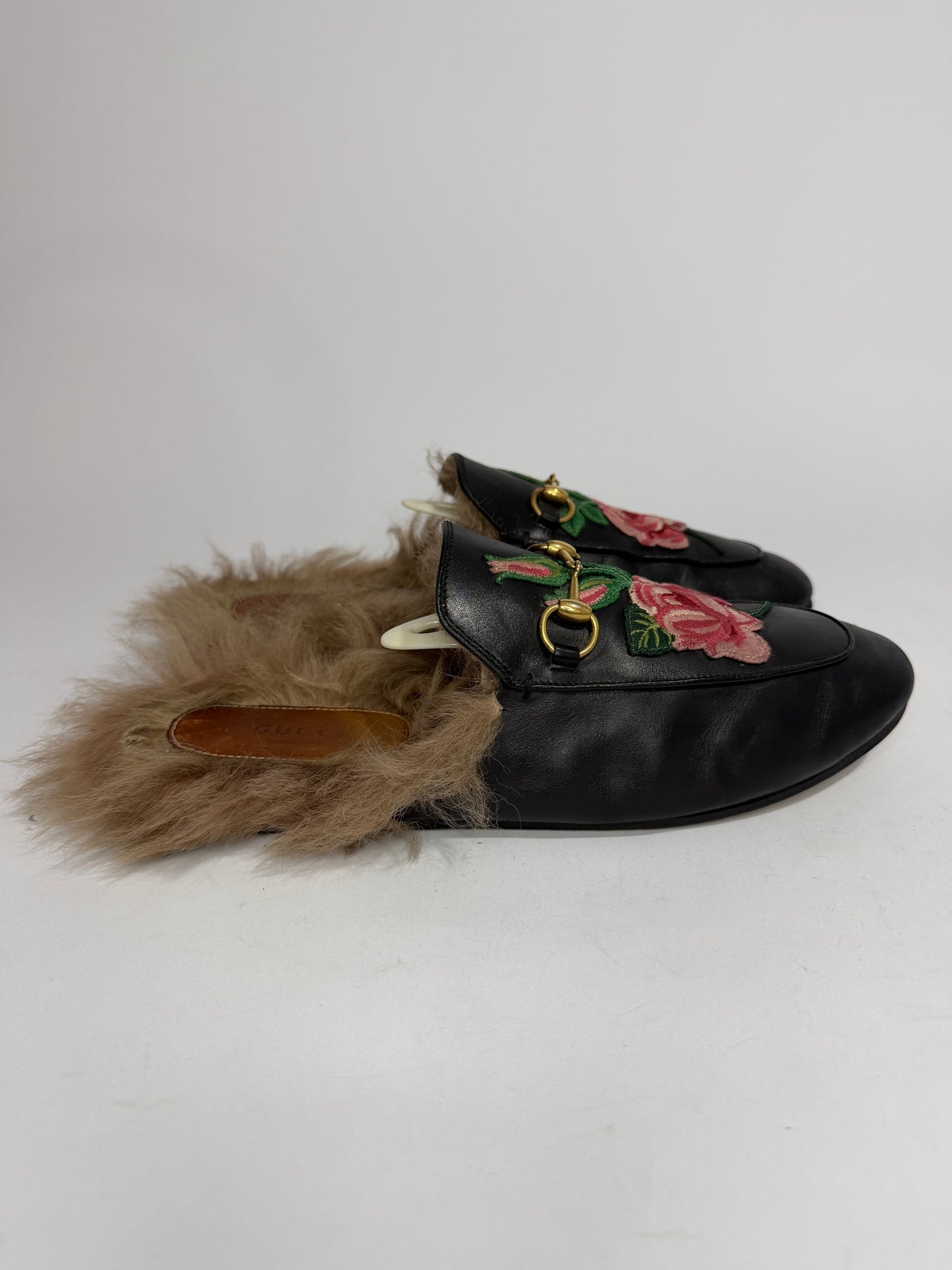 Gucci Black Floral Embroidered Leather and Fur Lined Princetown Mules Size 40 EU