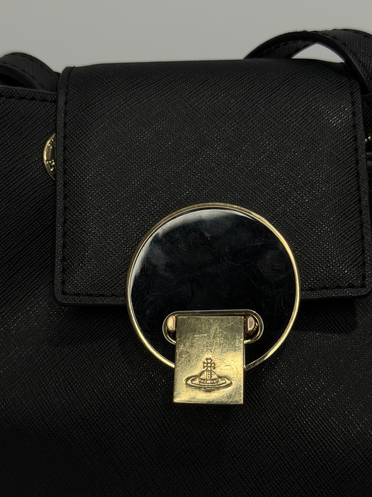 Vivienne Westwood Black Saffiano Leather Drawstring Crossbody Bag with Orb Lock
