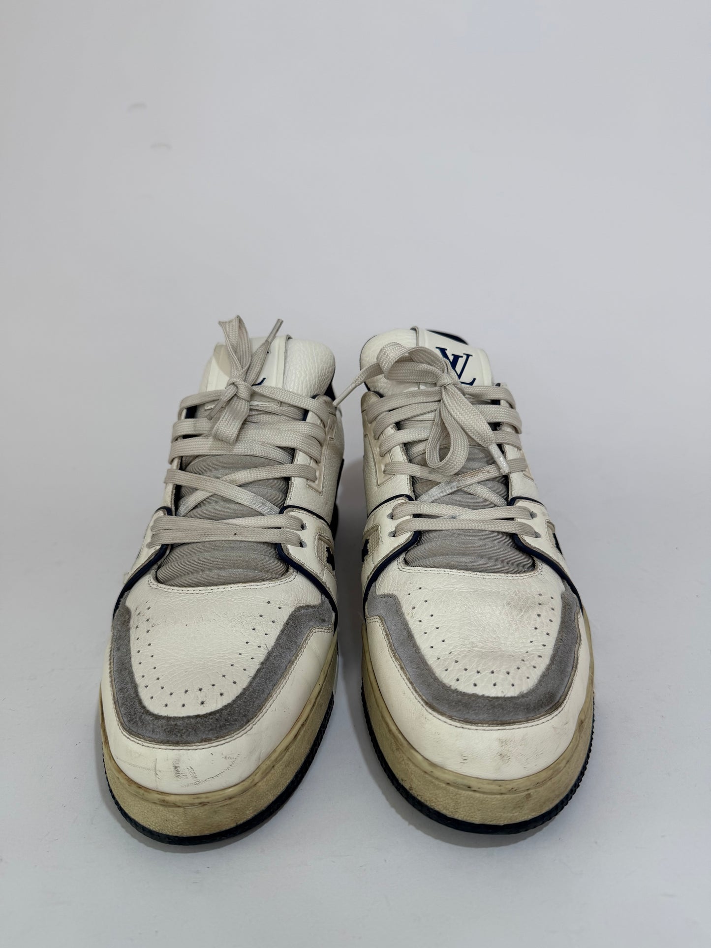 Louis Vuitton White/Blue Leather and Suede LV Trainer Sneakers Size 8.5 UK/ 9.5 US