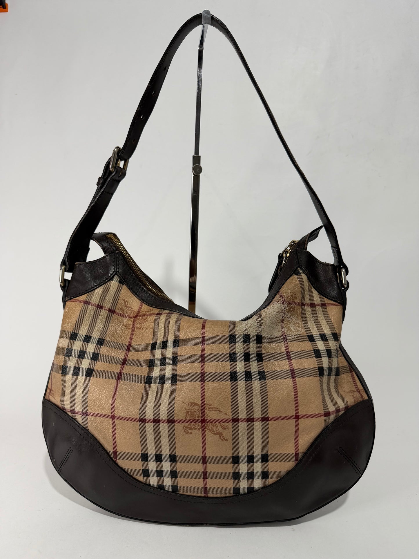 BURBERRY
Chocolate Leather Haymarket Check Coated Canvas Dachett Medium Hobo Bag