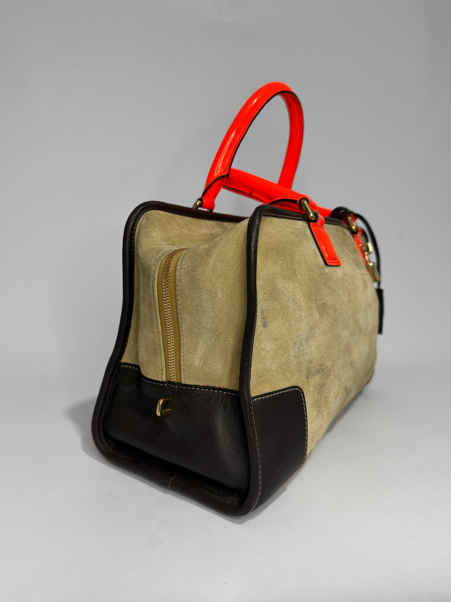 Loewe Amazona Suede & Leather Handbag Neon Orange Handles Beige Satchel Bag