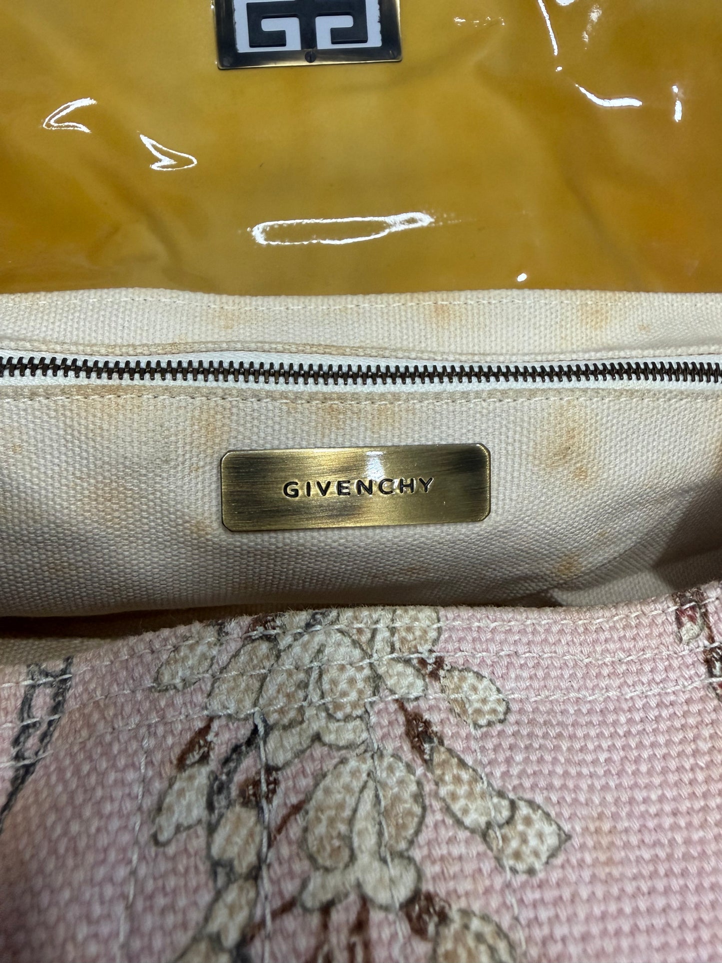 Givenchy Floral Canvas & Mustard Patent Leather Shoulder Bag with Braided Handles