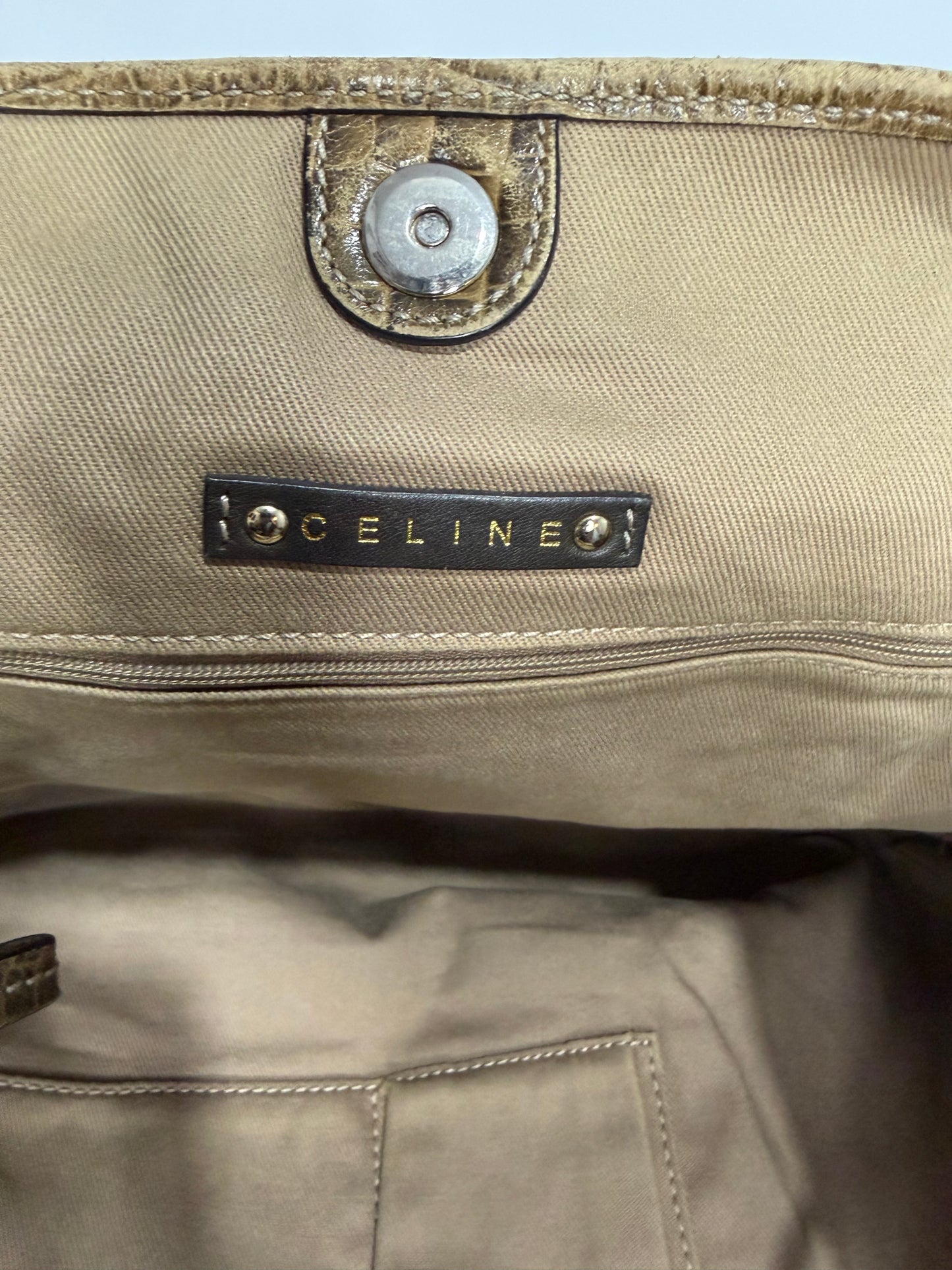 Celine Beige/Brown Macadam Canvas And Croc Embossed Tote