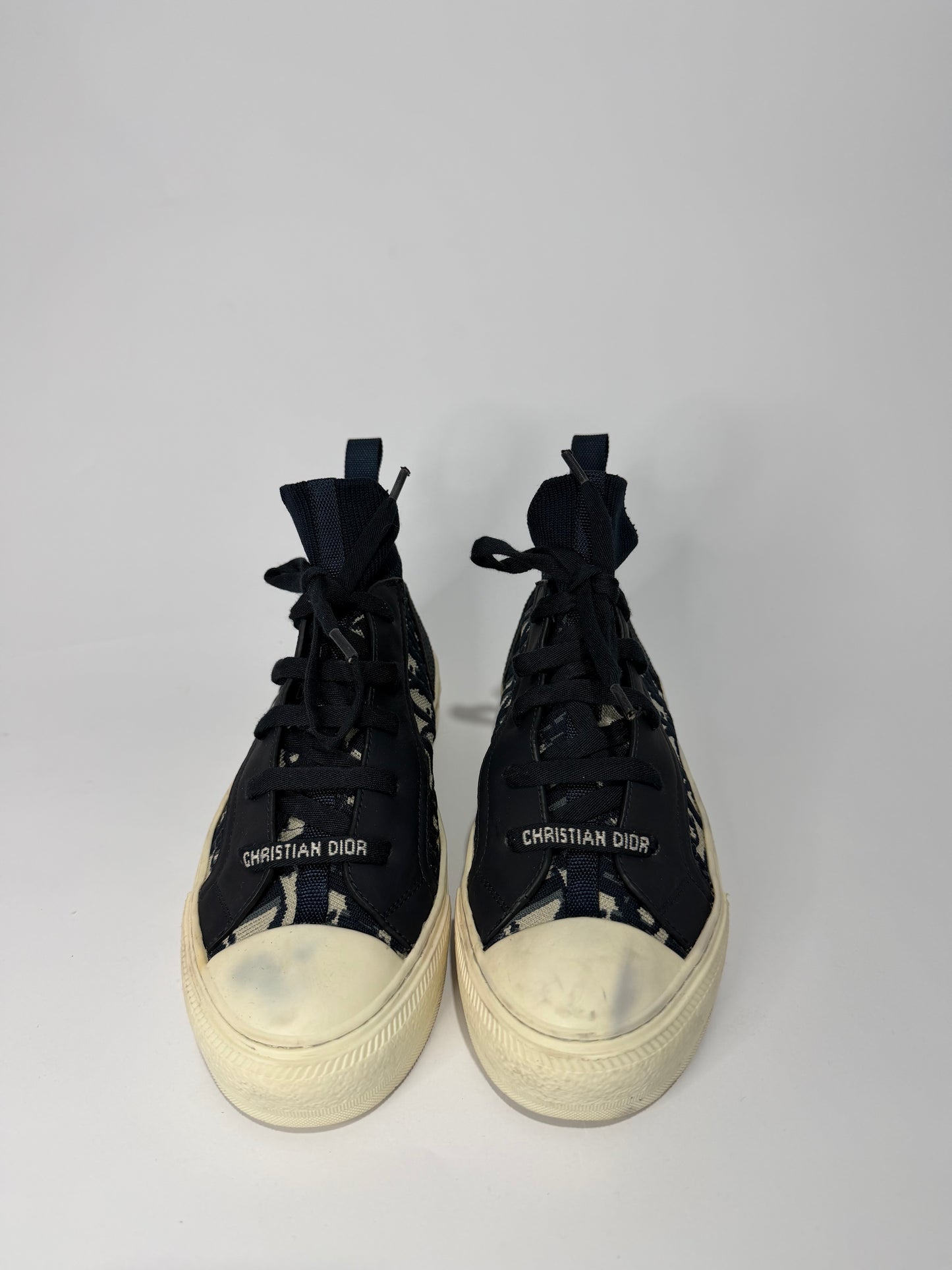Dior Navy Blue Leather and Knit Fabric Walk n Dior High Top Sneakers Size