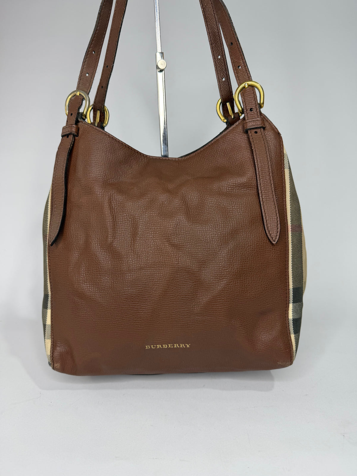 BURBERRY
Brown Leather And House Check Canvas Small Canterbury Tote Bag