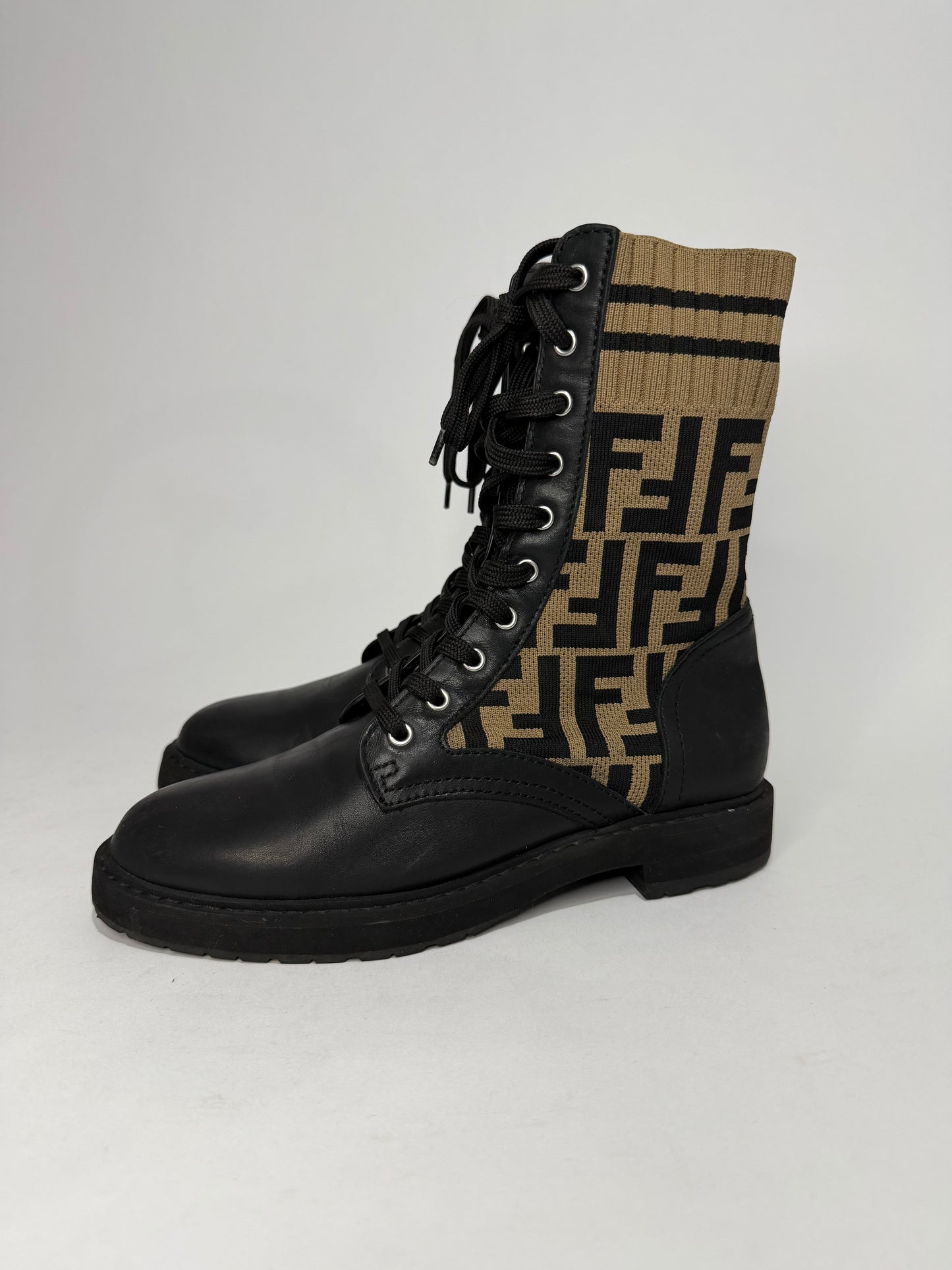 Fendi Black Canvas and Leather Rockoko Ankle Length Boots Size 37 EU