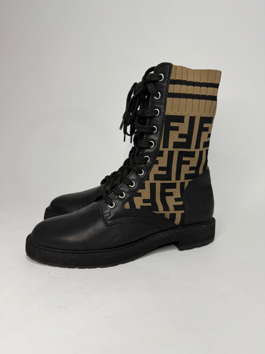 Fendi Black Canvas and Leather Rockoko Ankle Length Boots Size 37 EU