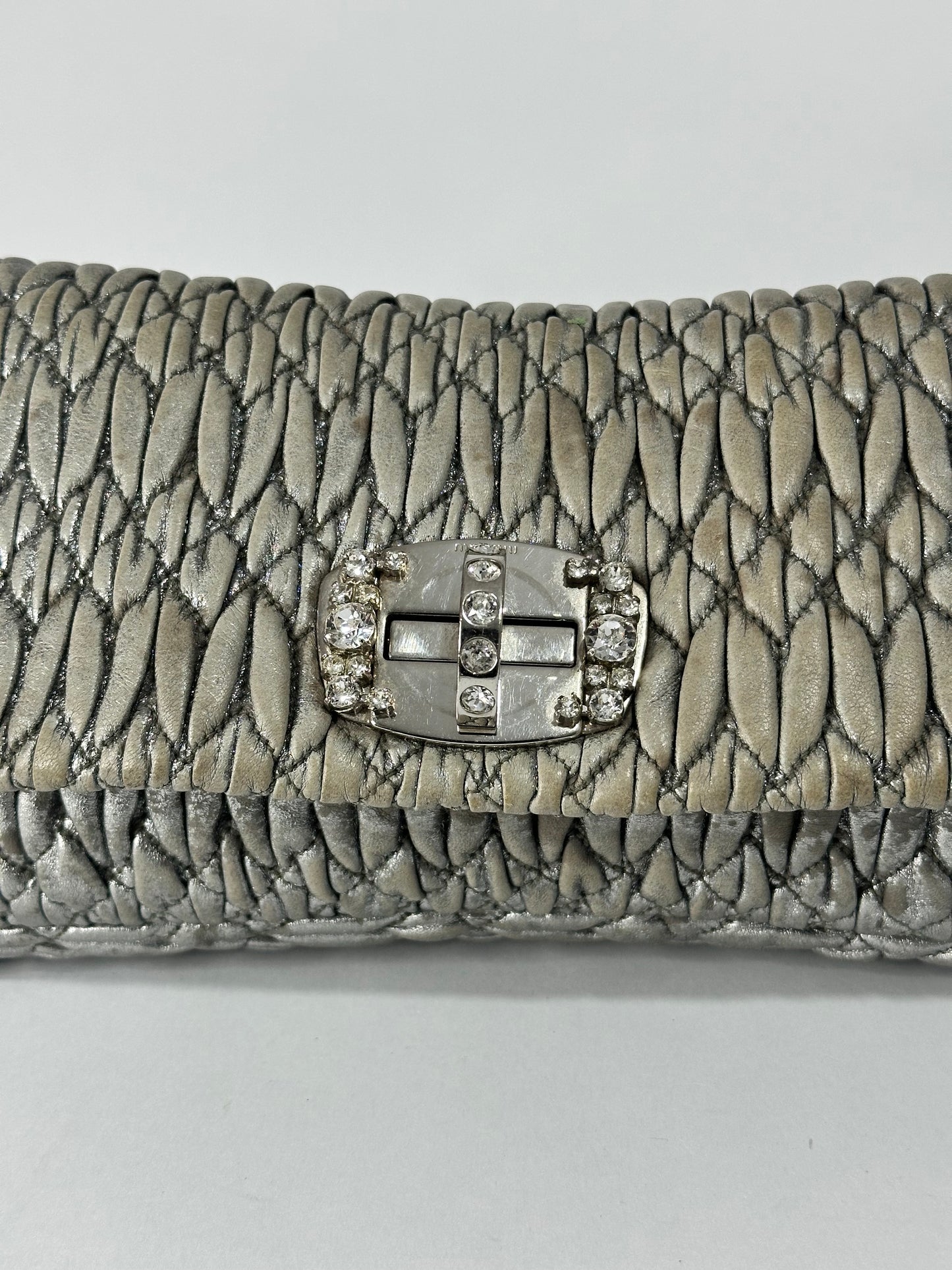 Miu Miu Silver Matelasse Leather Crystal Flap Shoulder Bag