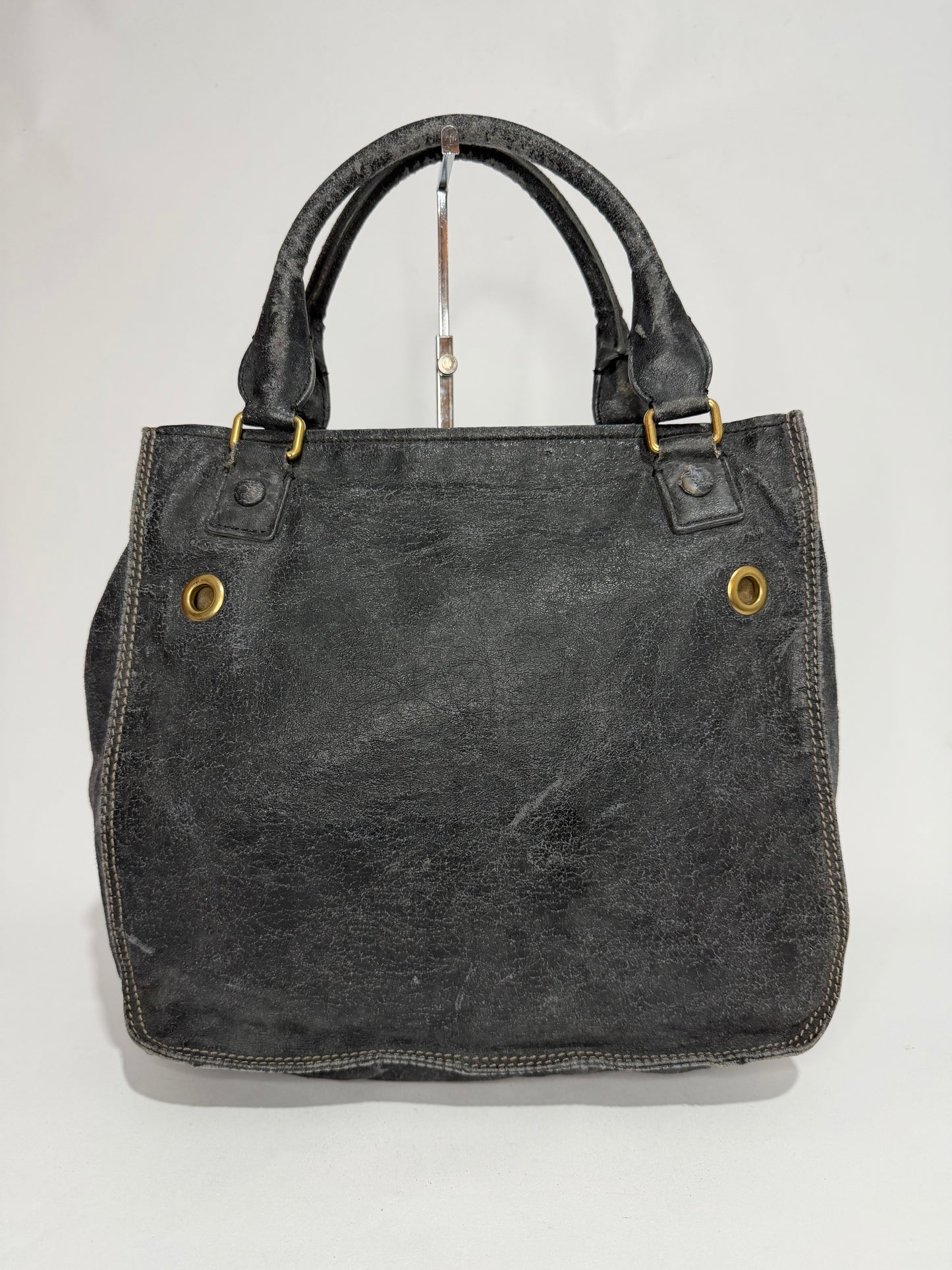 Chloé Vintage Distressed Leather Logo Tote Bag Black Large Shoulder Handbag
