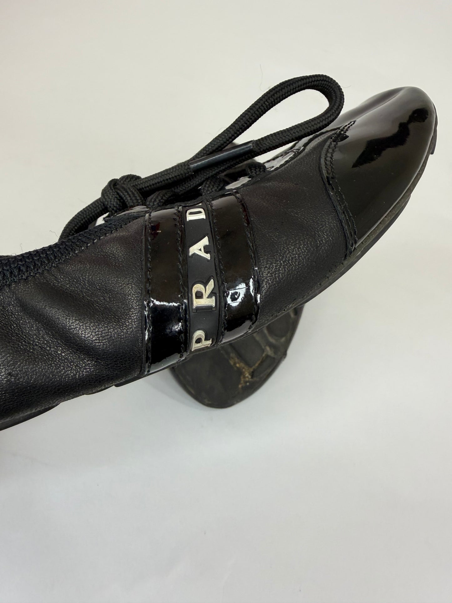 Prada Black Nylon and Leather Lace Up Flats Size 38 EU/ 8 US / 5 UK