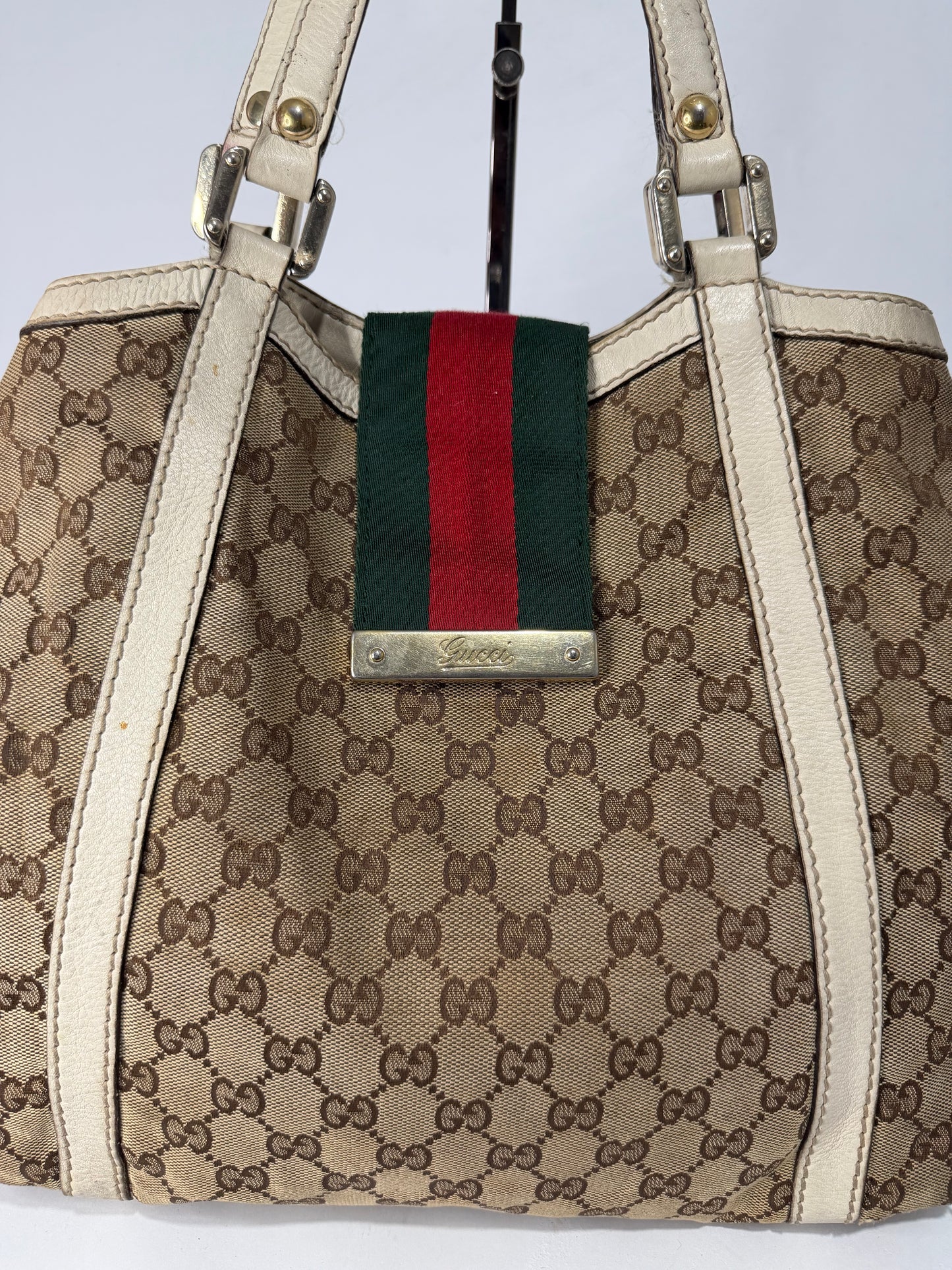 Gucci Beige/White GG Canvas and Leather Medium New Ladies Web Tote