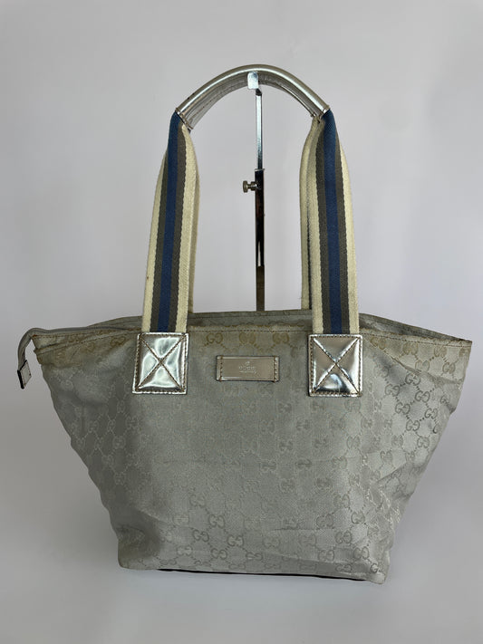 GUCCI GG Monogram Medium Web Handle Bucket Tote Silver