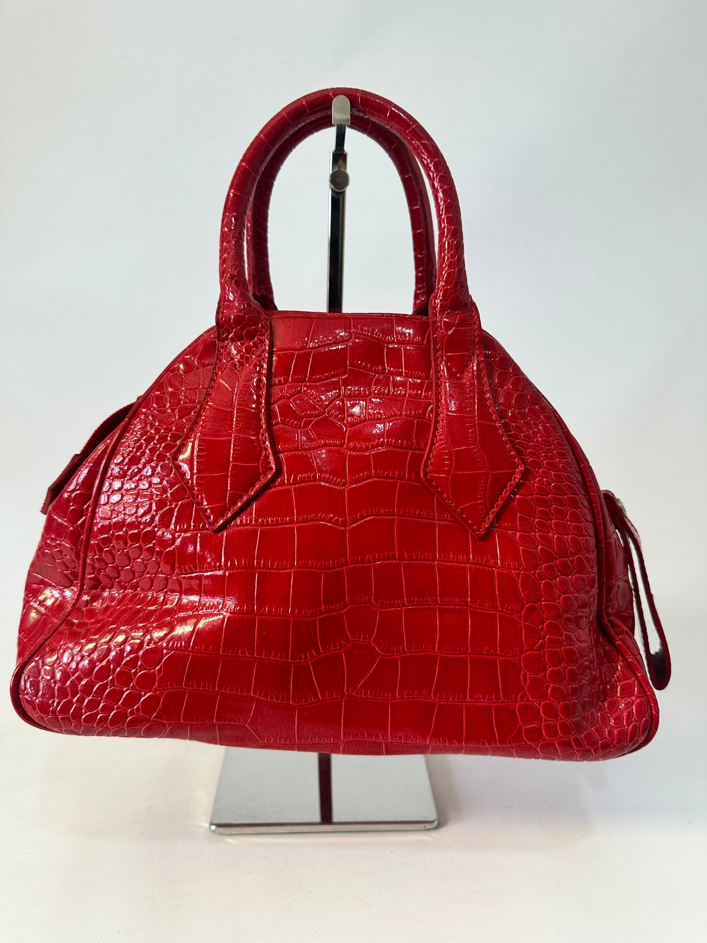 Vivienne Westwood Red Croc-Embossed Bowler Bag w/ Oversized Gold Glitter Orb Logo