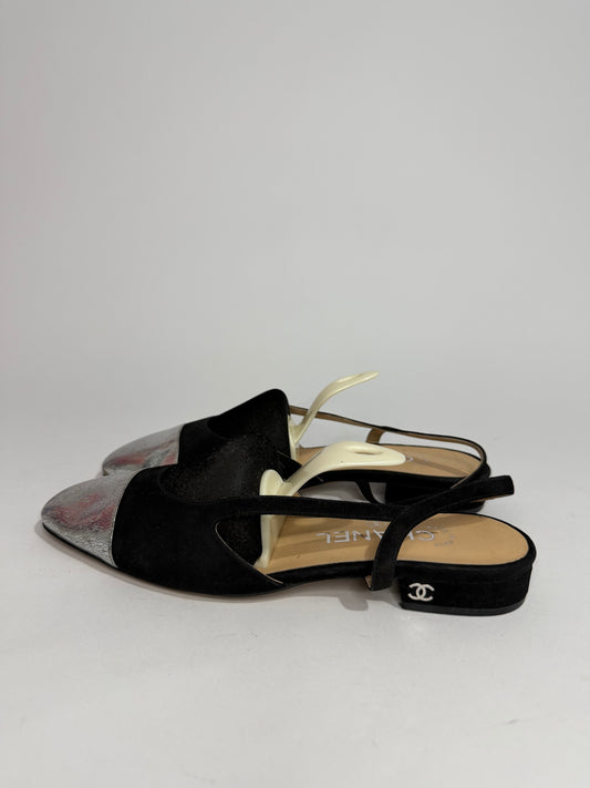Chanel Black/Silver Suede And Leather Classic Slingback Sandals Size 36 EU/ 6 US / 3UK