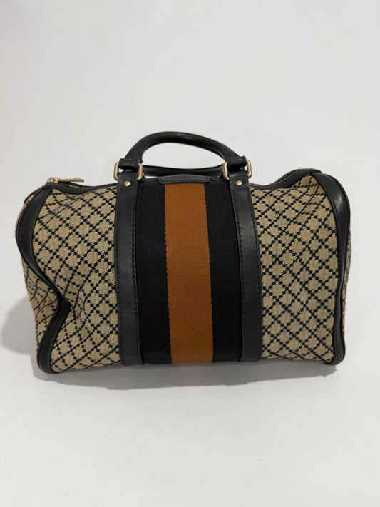 Gucci Black/Beige Diamante Canvas Medium Vintage Web Boston Bag