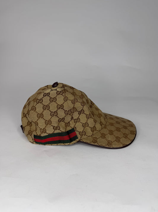 Gucci Beige Logo Monogram Web Stripe Detail Canvas Baseball Cap XL
