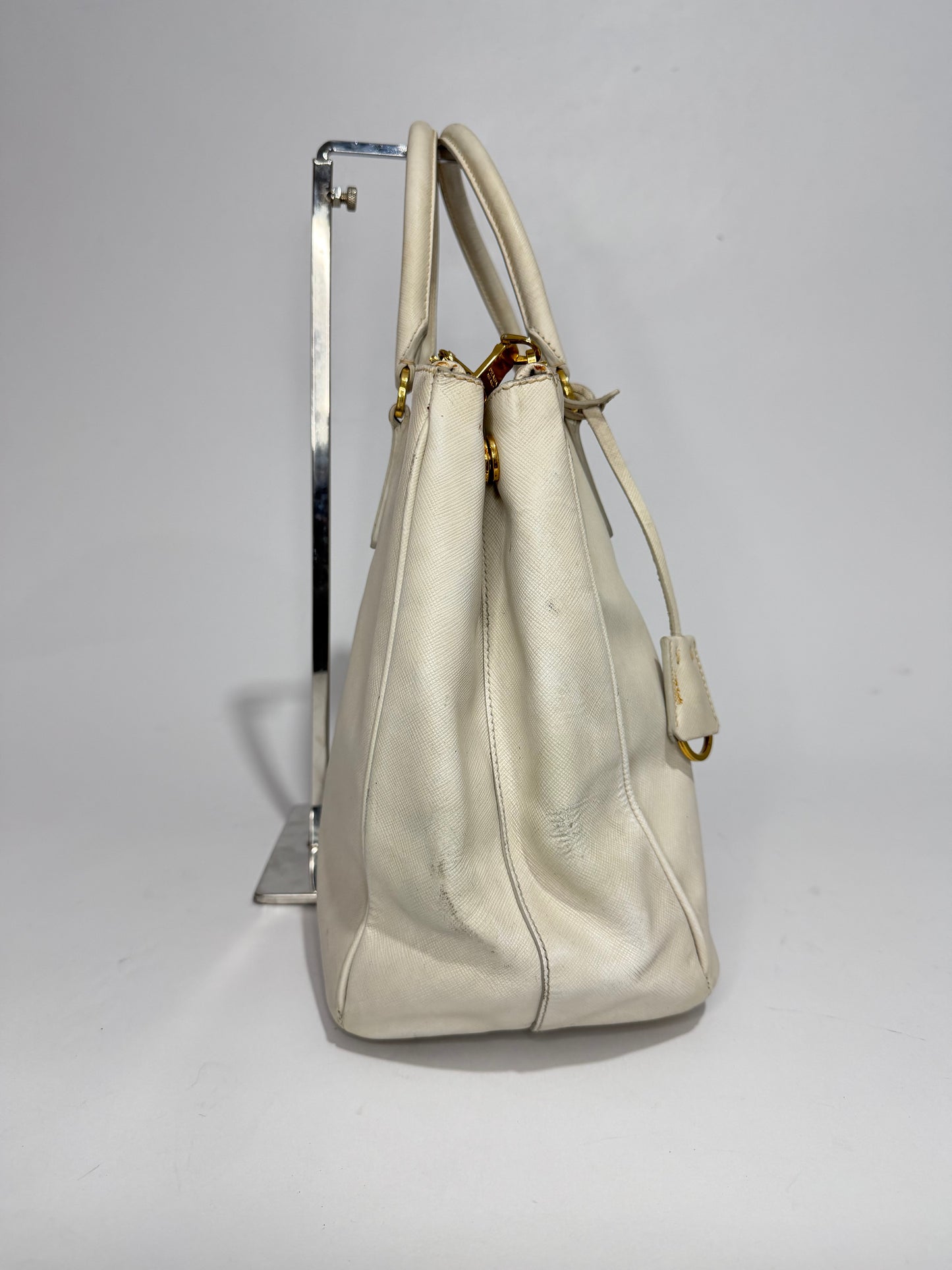 PRADA Grey Saffiano Lux Leather Large Double Zip Tote