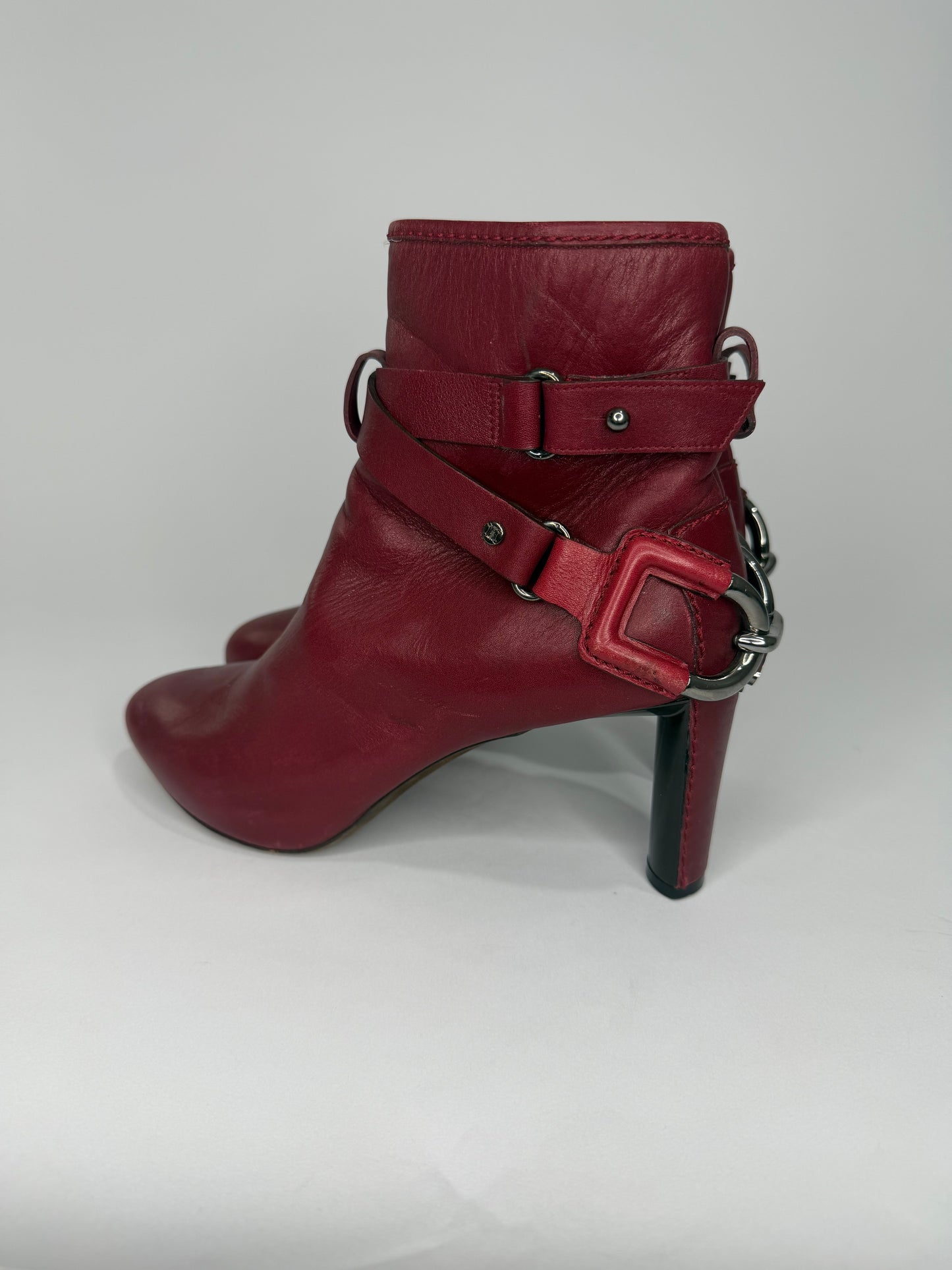 Celine Burgundy Leather Buckle Ankle Boots  Silver Hardware Size 38 EU/ 8 US / 5 UK