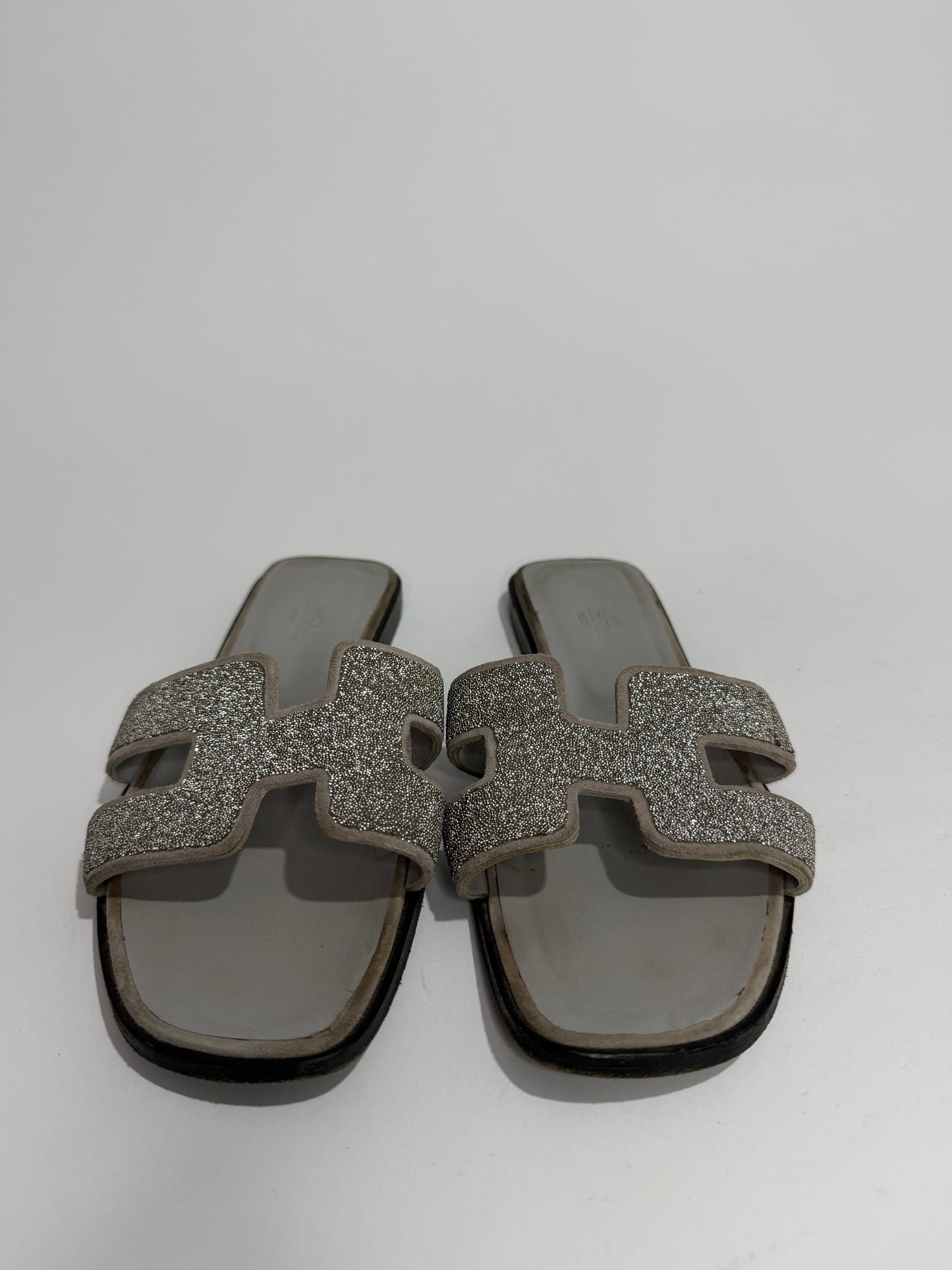 Hermes Silver Suede and Glitter Opne Toe Flat Oran Slides Size 39 EU/ 9 US