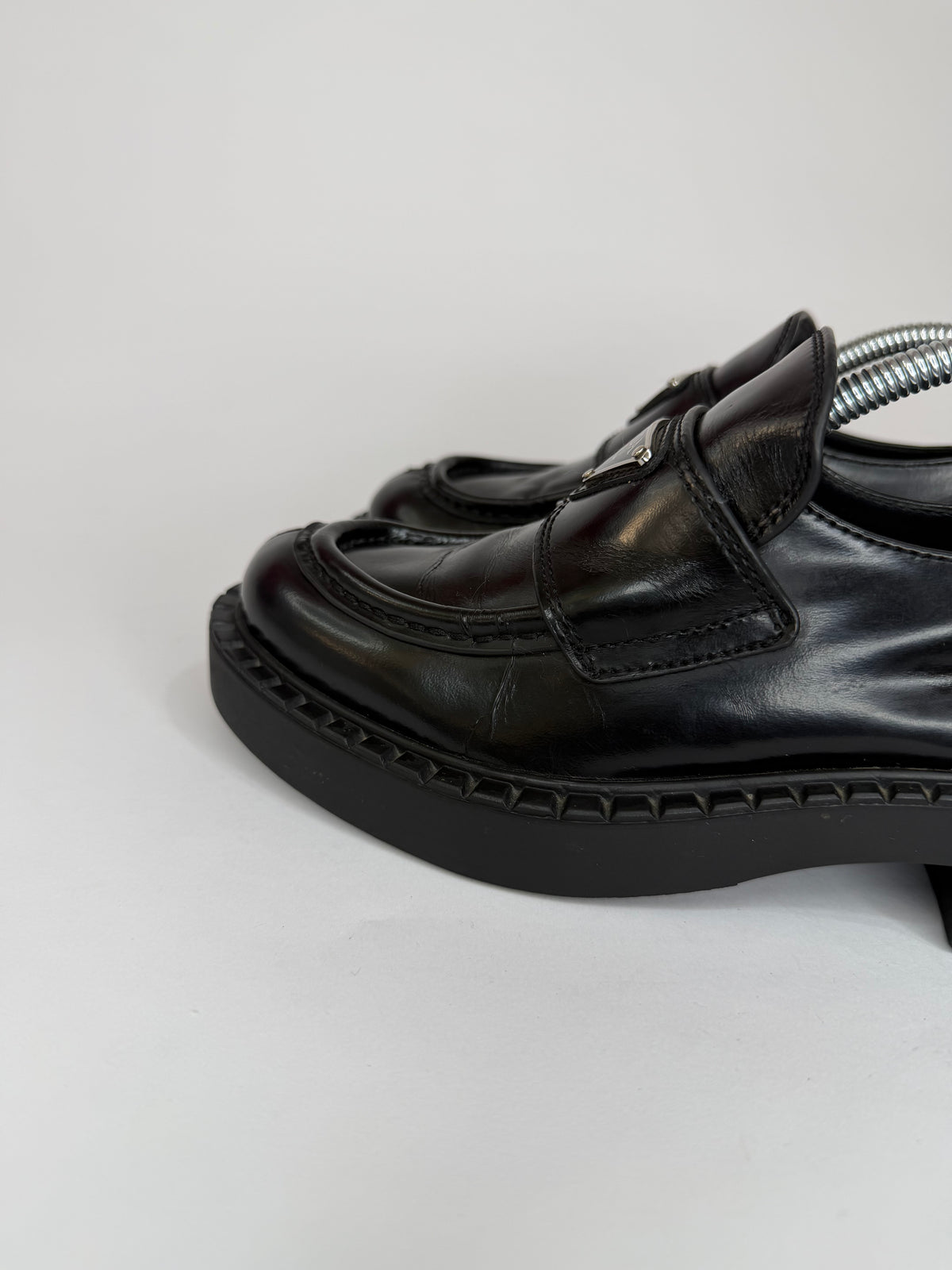 PRADA Vernice Metal Triangle Logo 50mm Loafers Size 36 EU/6 US/ 3UK