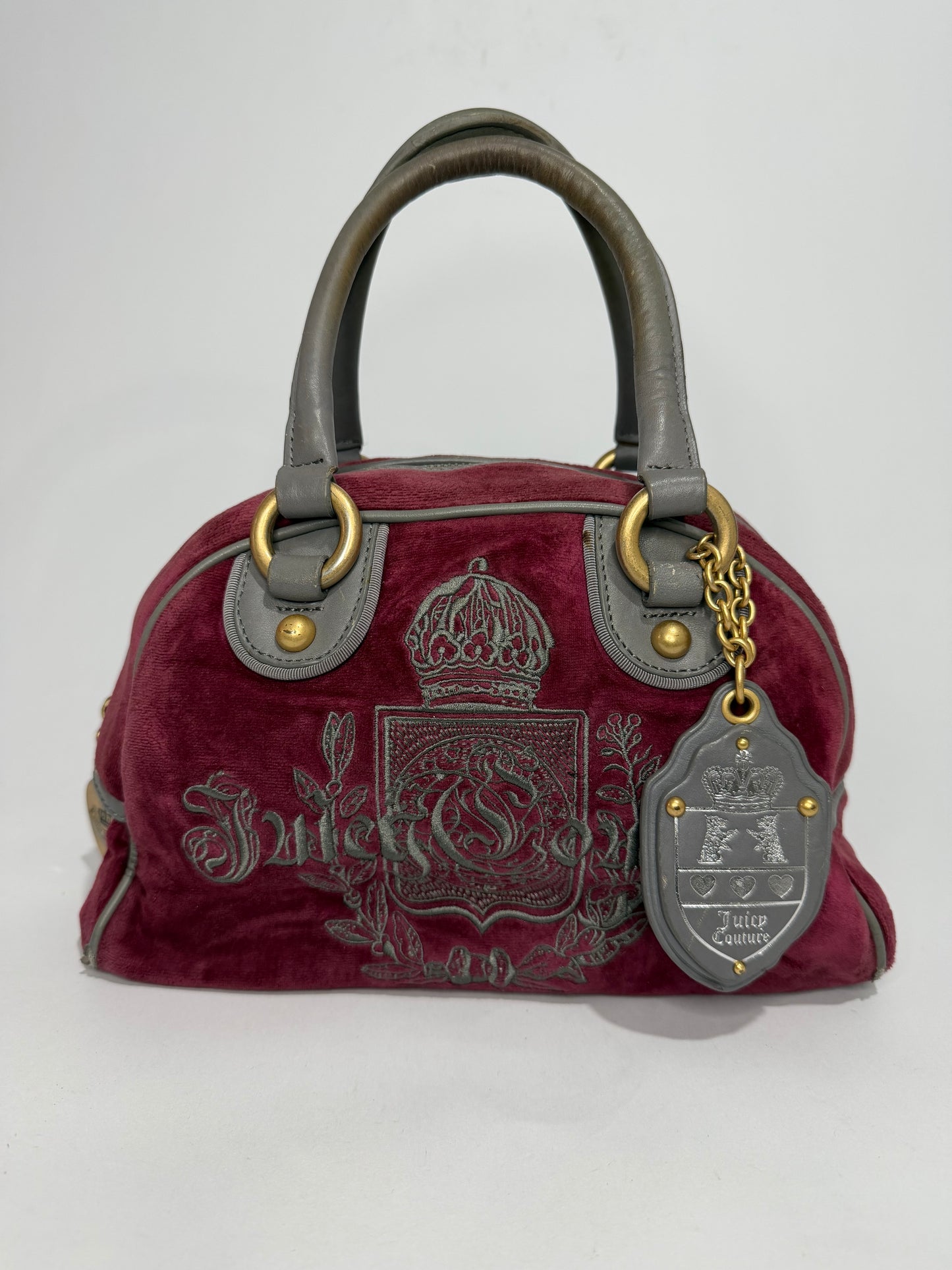 Juicy Couture Burgundy Velour Bowler Satchel Bag with Grey Leather Trim