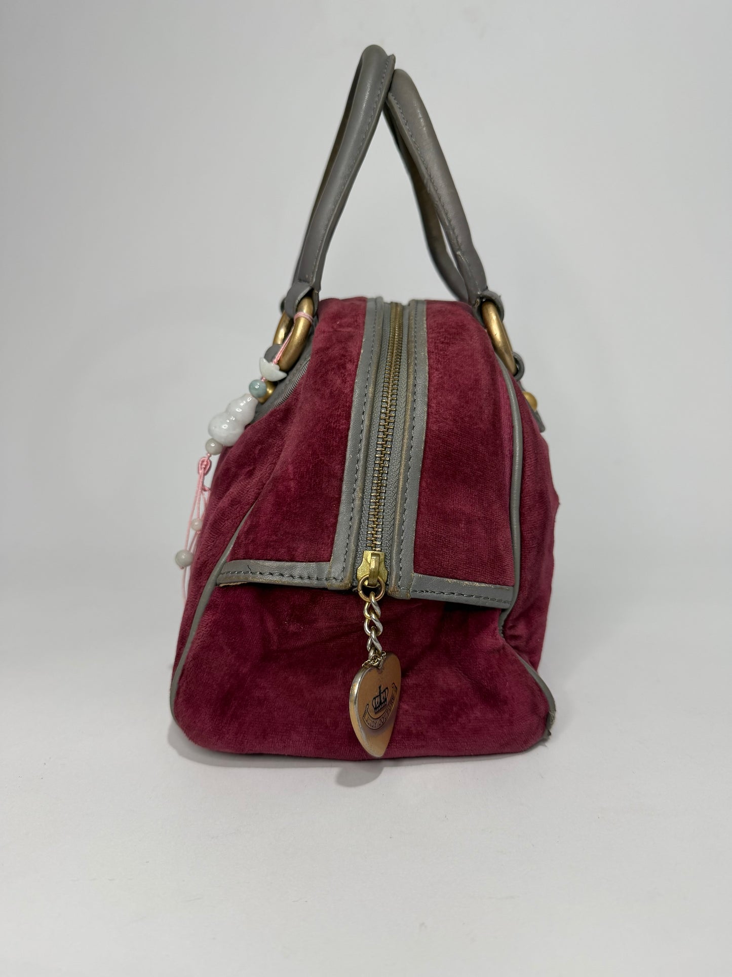 Juicy Couture Burgundy Velour Bowler Satchel Bag with Grey Leather Trim
