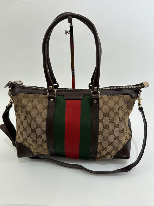 GUCCI Brown/Beige GG Canvas and Leather Web Zip Bag