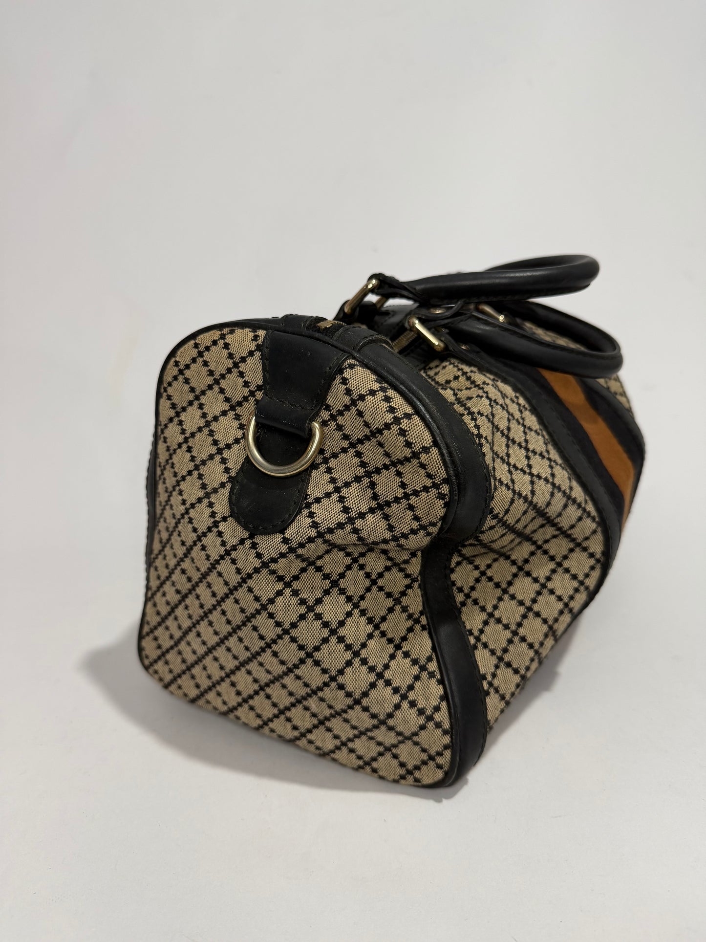 Gucci Black/Beige Diamante Canvas Medium Vintage Web Boston Bag