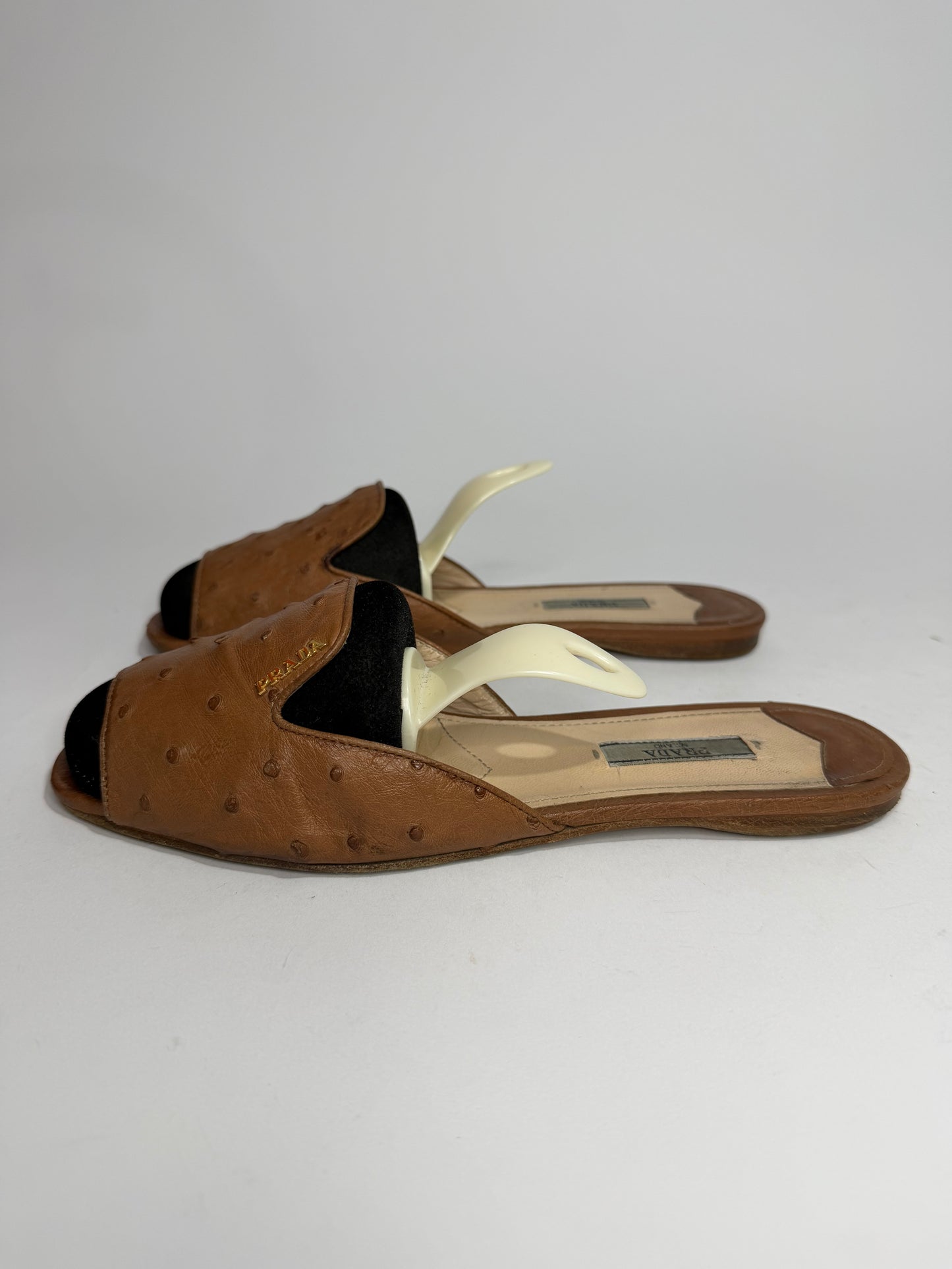 Prada Brown Ostrich Leather Flat Sandals Size 38.5 EU/8.5 US