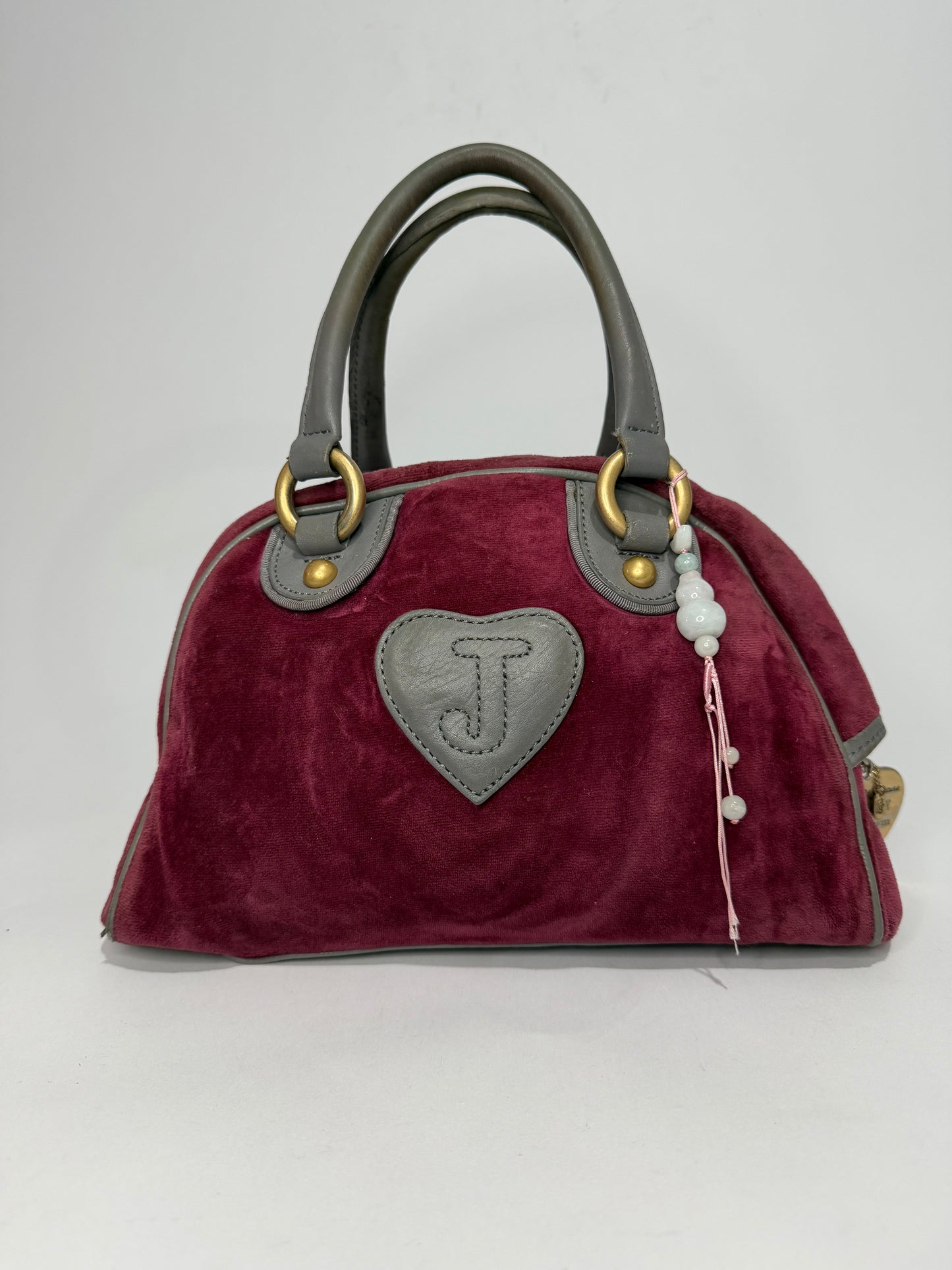 Juicy Couture Burgundy Velour Bowler Satchel Bag with Grey Leather Trim