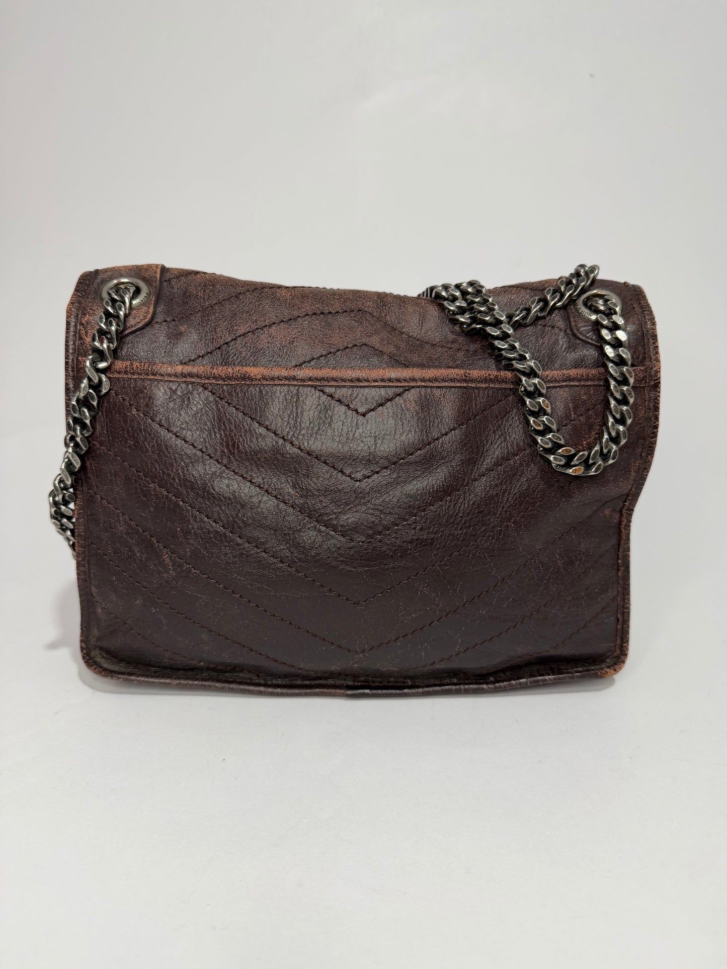 SAINT LAURENT
Crinkled Calfskin Matelasse Monogram Medium Niki Chain Satchel Brown