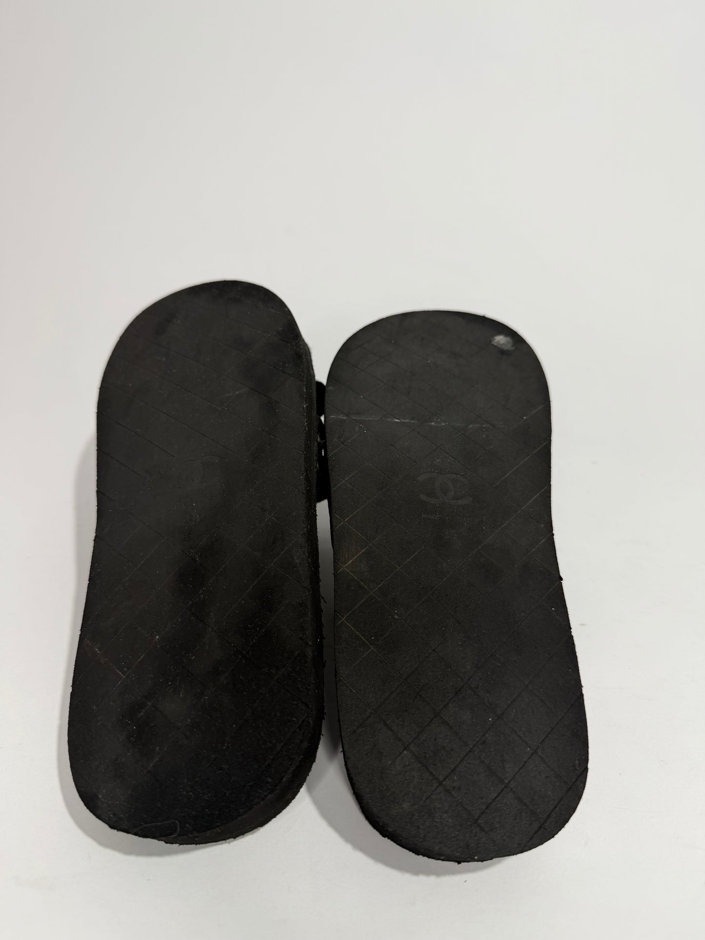 CHANEL Coco Logo Double Strap Slide Sandals Black & White Size 39 EU/ 9 US