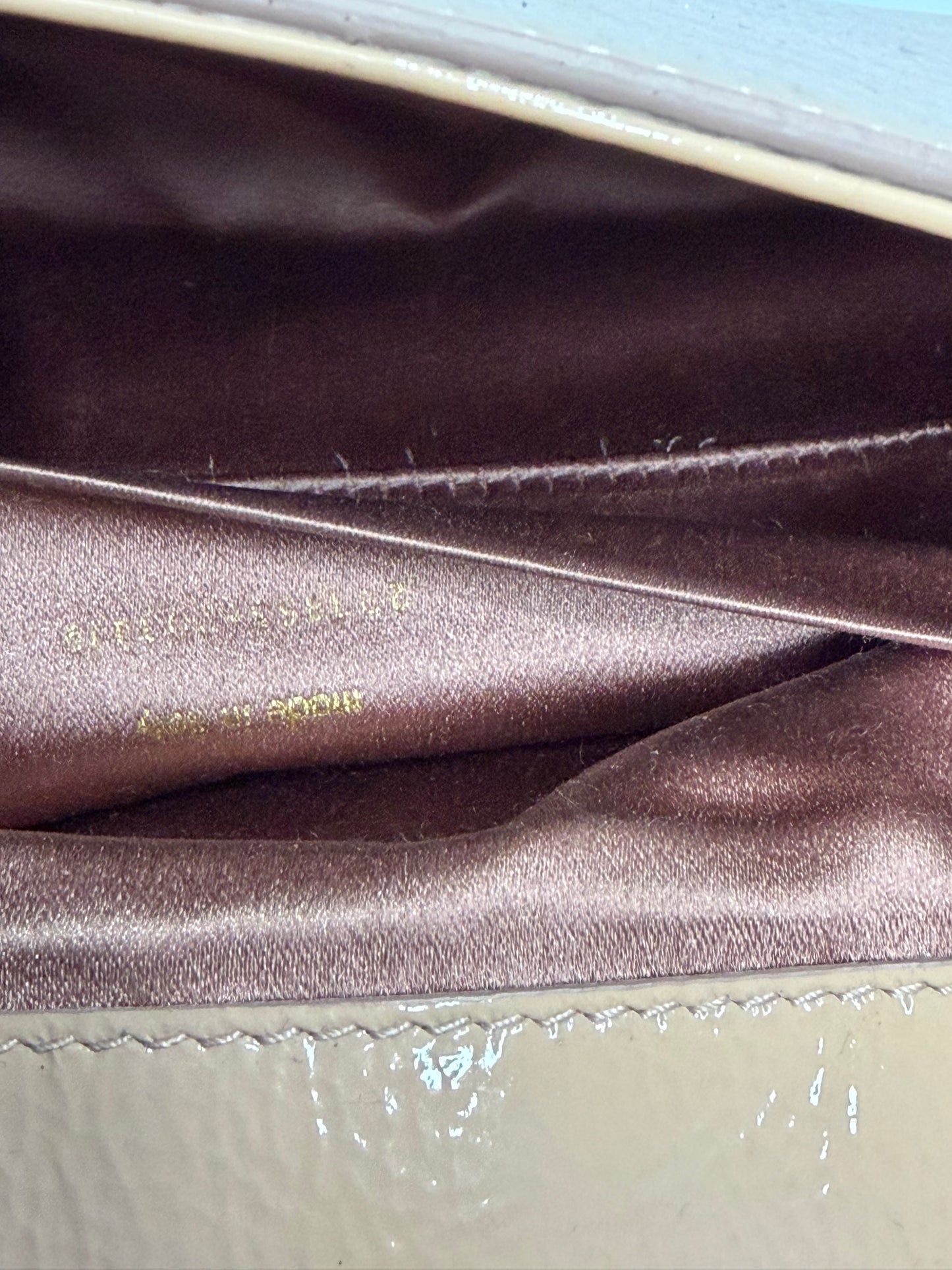 YVES SAINT LAURENT Beige Patent Leather Belle De Jour Large Clutch Bag