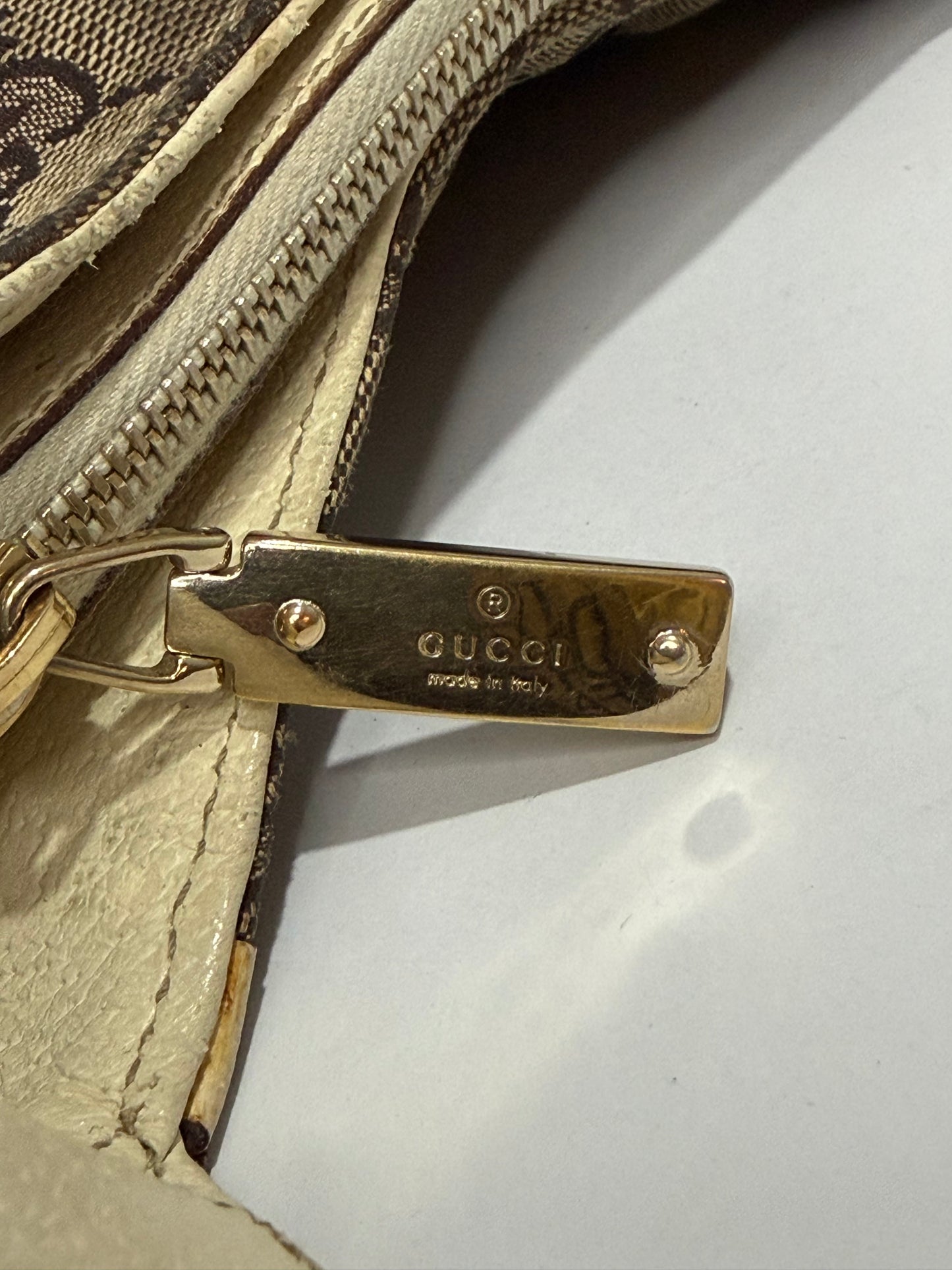 GUCCI
Beige/White GG Canvas Horsebit Creole Hobo Bag
