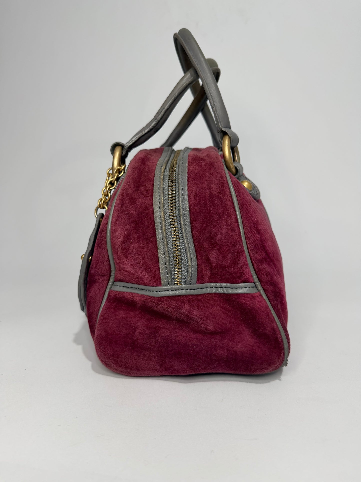 Juicy Couture Burgundy Velour Bowler Satchel Bag with Grey Leather Trim