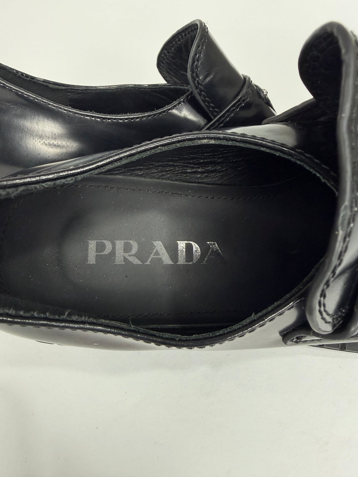 PRADA Vernice Metal Triangle Logo 50mm Loafers Size 37 EU/7 US/ 4 UK