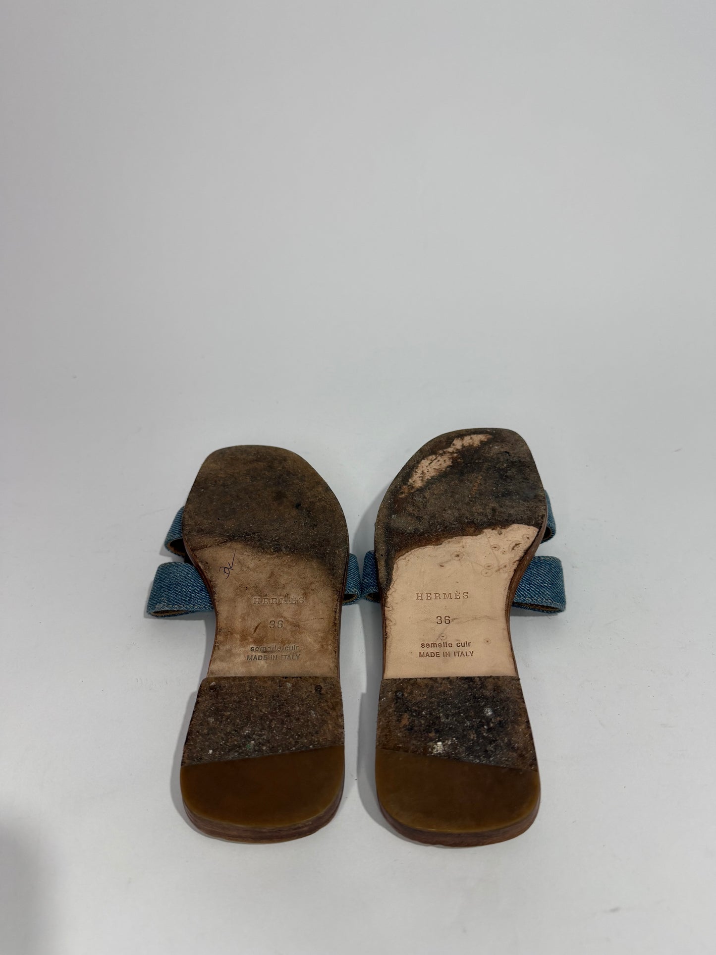 Hermès Oran Denim H Slide Sandals Blue Canvas Leather Flat Slides Size 36 EU/ 6 US/ 3 UK