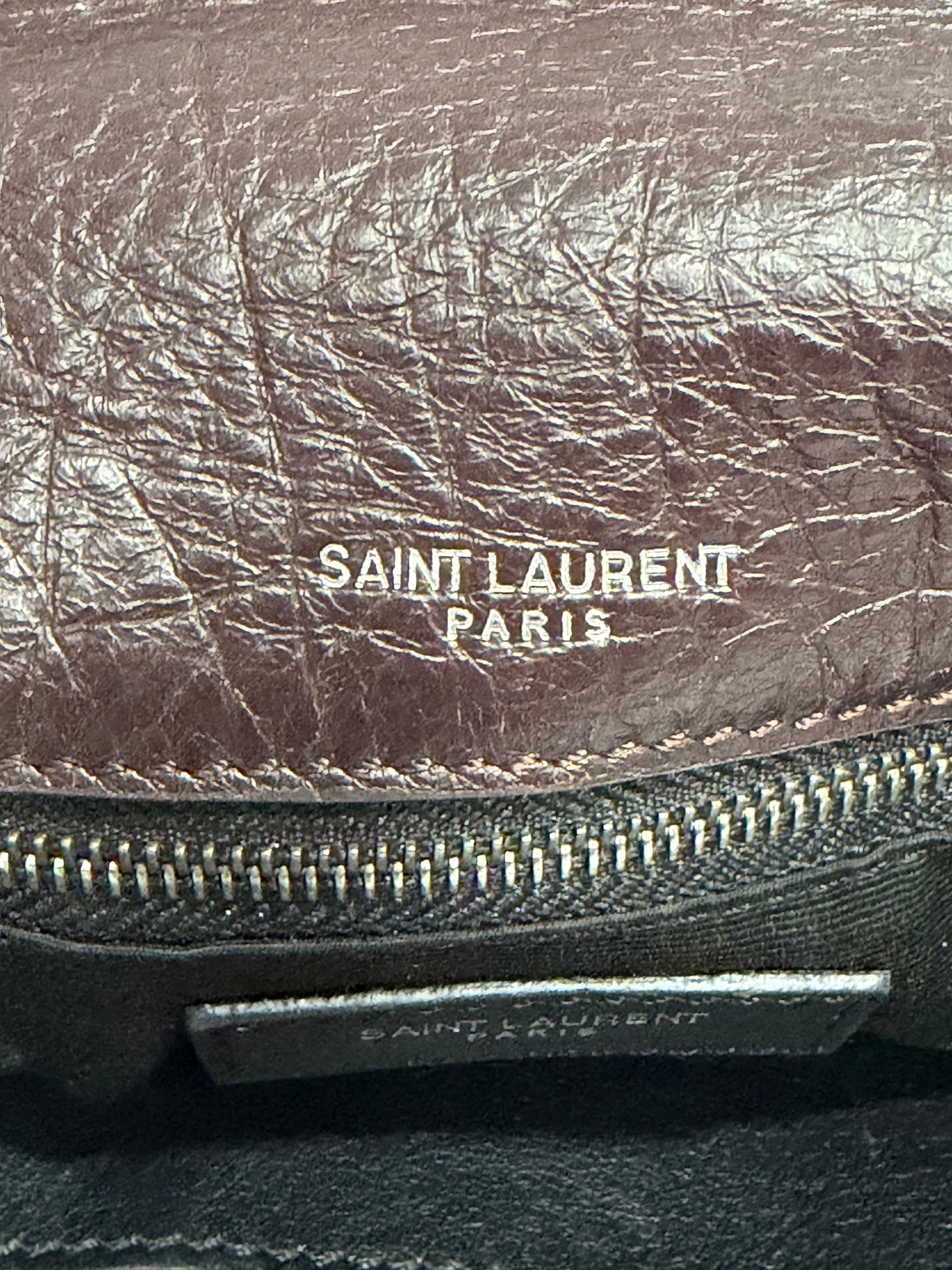 SAINT LAURENT
Crinkled Calfskin Matelasse Monogram Medium Niki Chain Satchel Brown