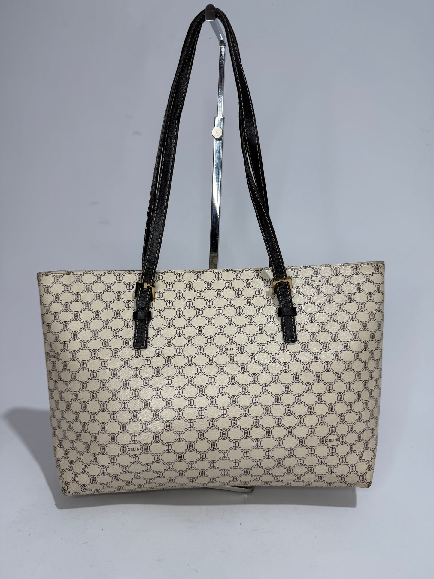 CELINE Macadam Monogram Coated Canvas Tote Bag Cream/Black