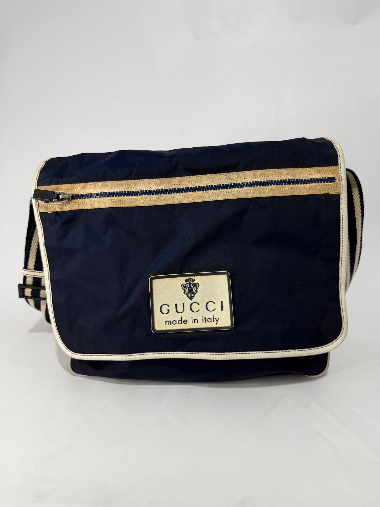 Gucci Vintage Nylon Messenger Bag Navy & Cream