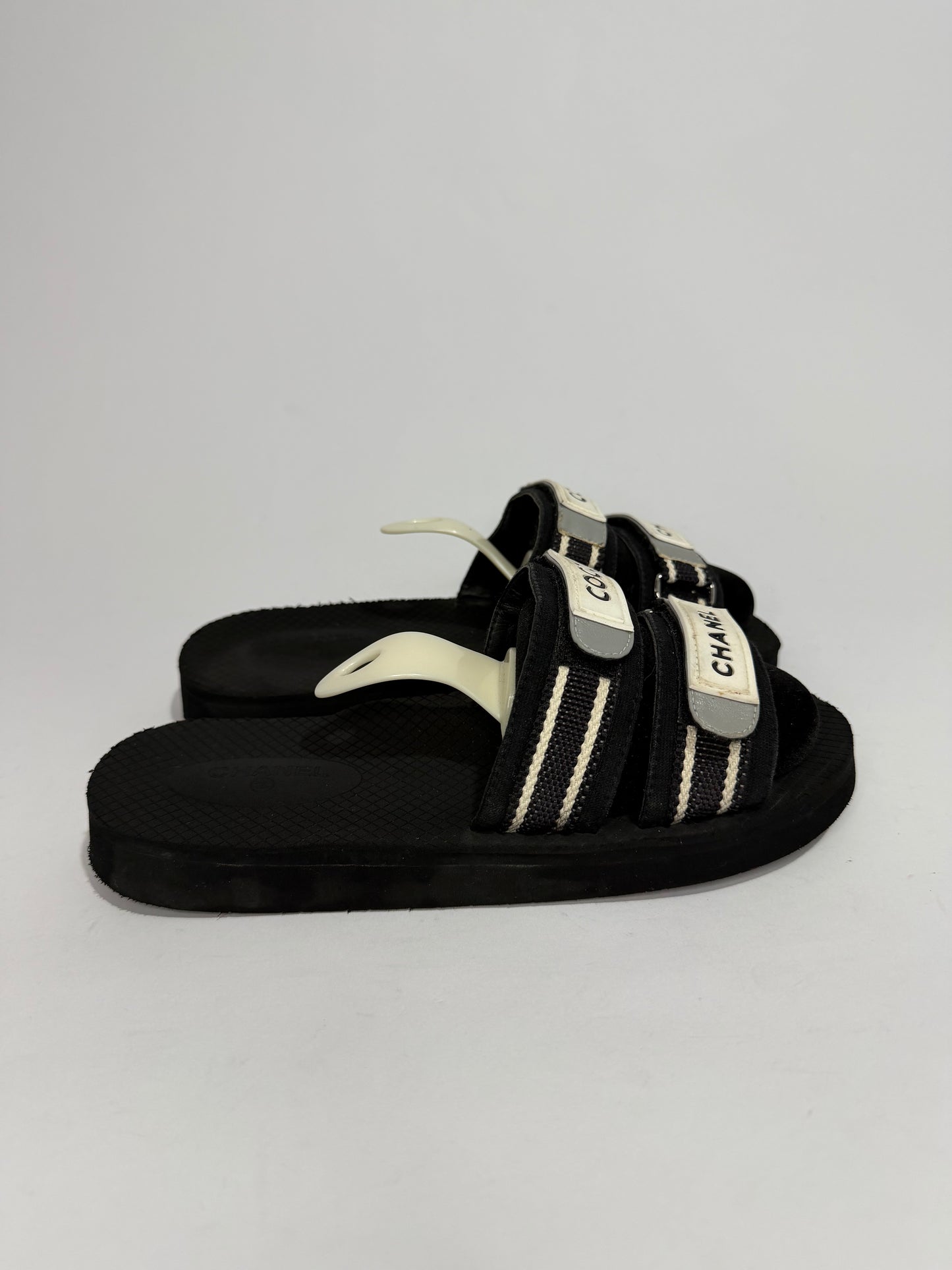 CHANEL Coco Logo Double Strap Slide Sandals Black & White Size 39 EU/ 9 US
